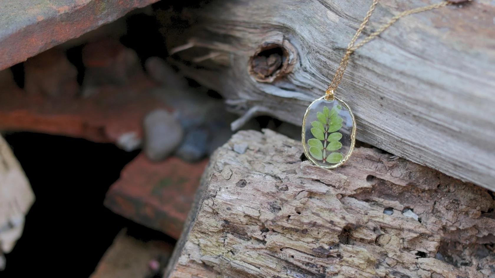 A jewelry pendant with a green leafy plant encased in clear resin, hanging from a gold chain, resting on weathered wood and bricks.