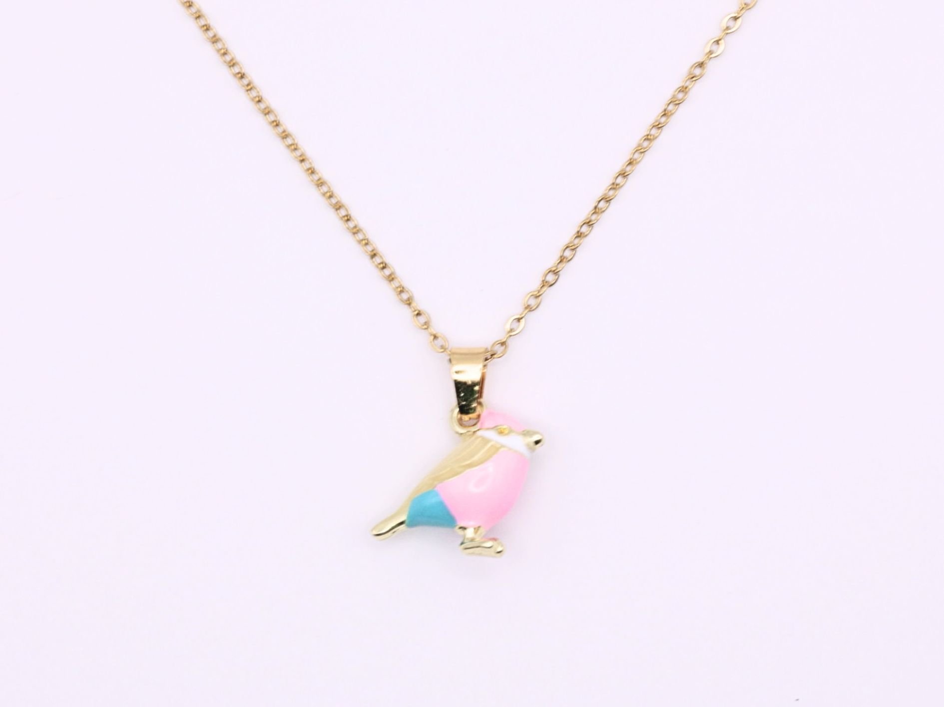Enamel Litle Bird Pink and Blue Pendant Necklace