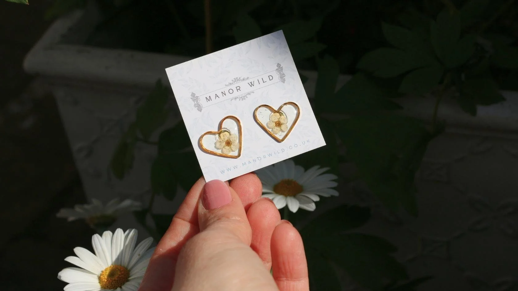 A hand holding a card with gold heart-shaped earrings containing small white flowers, with daisies and green leaves in the background.