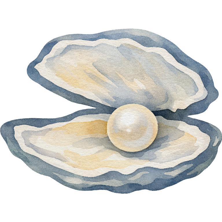 Watercolor illustration of an open oyster shell with a pearl inside.