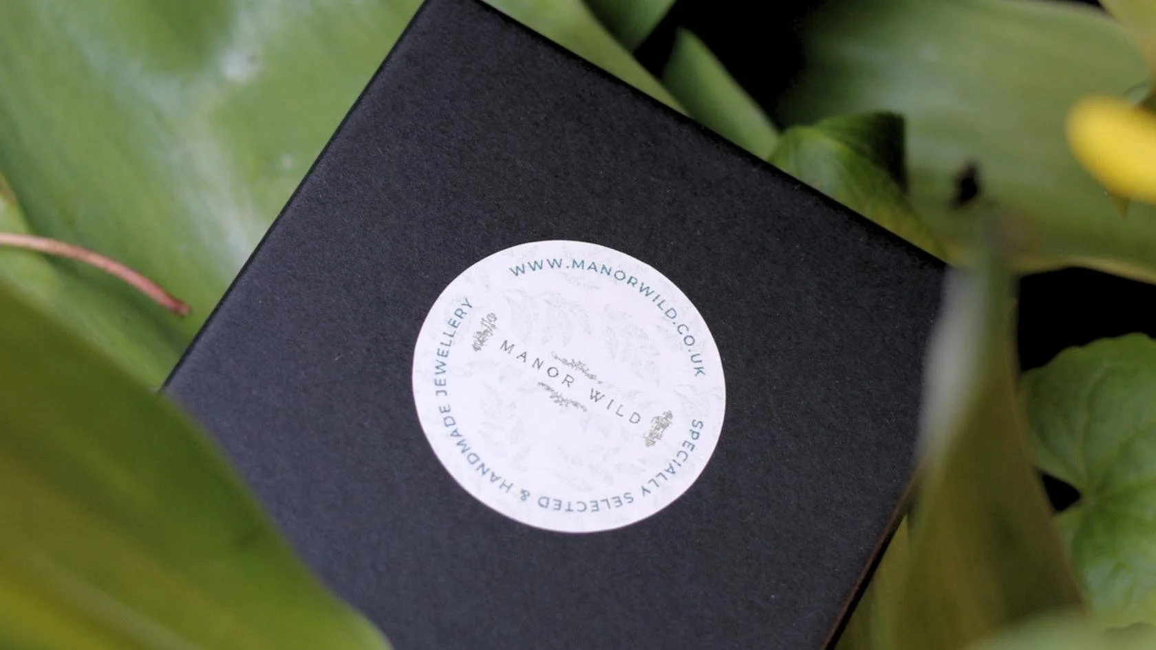 A black jewelry box with a round white logo sticker on top, surrounded by green leaves.