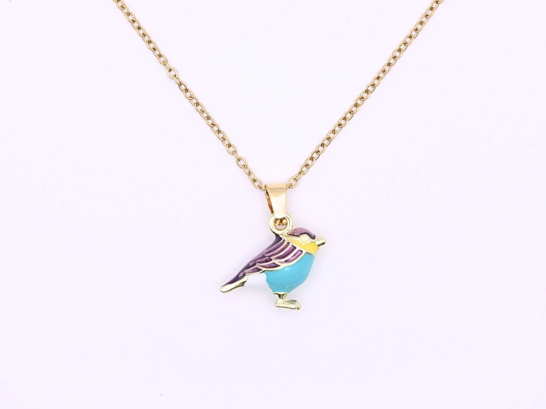 Enamel Litle Bird Blue and Purple  Pendant Necklace