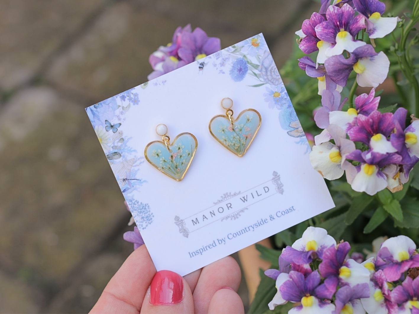Wildflower Blue Heart Drop Earrings