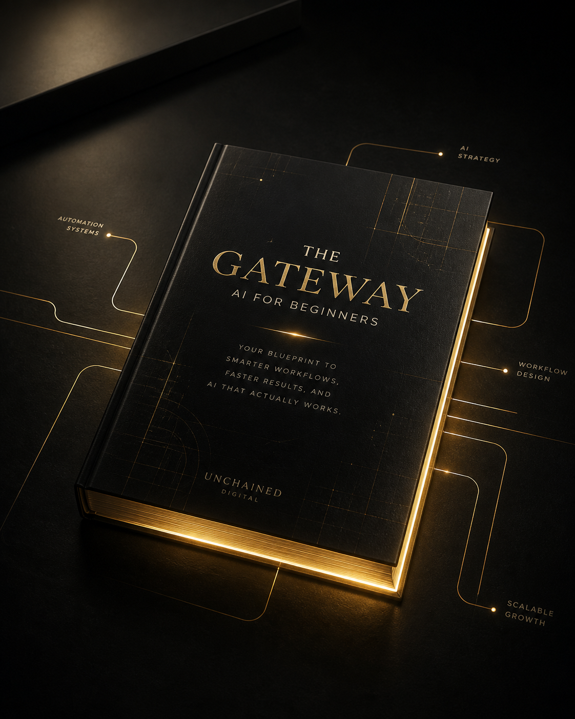 A black hardcover book titled 'The Gateway: AI for Beginners' with gold lettering, surrounded by a black background with gold lines and text related to AI topics like automation, workflow, and strategy.