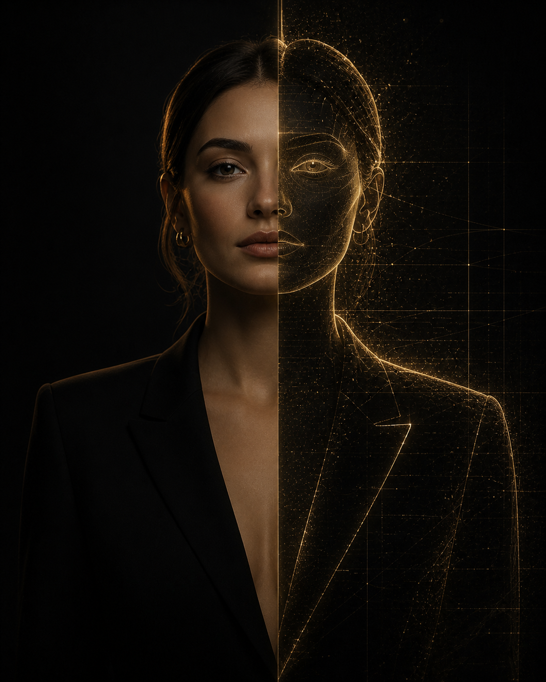 Half of a woman's face in a black blazer on the left, with a digital, gold-colored wireframe rendering of her face on the right, against a dark background.