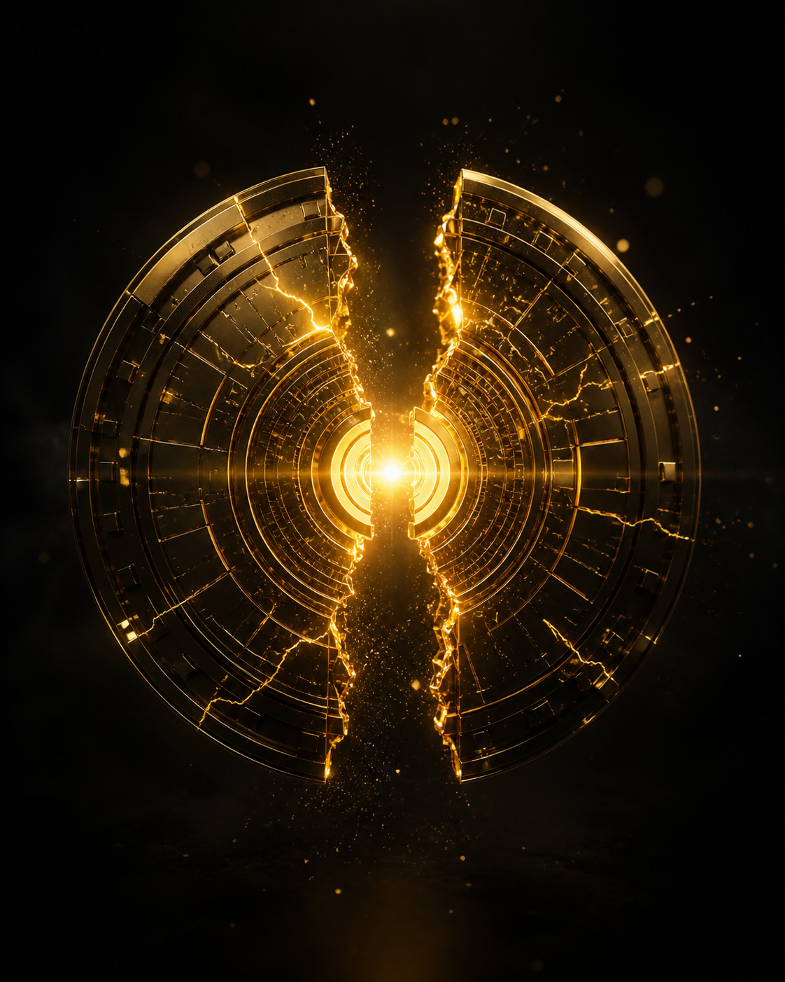 Futuristic digital circular interface with glowing golden lines and lightning effects, appearing as if split in half, set against a black background.