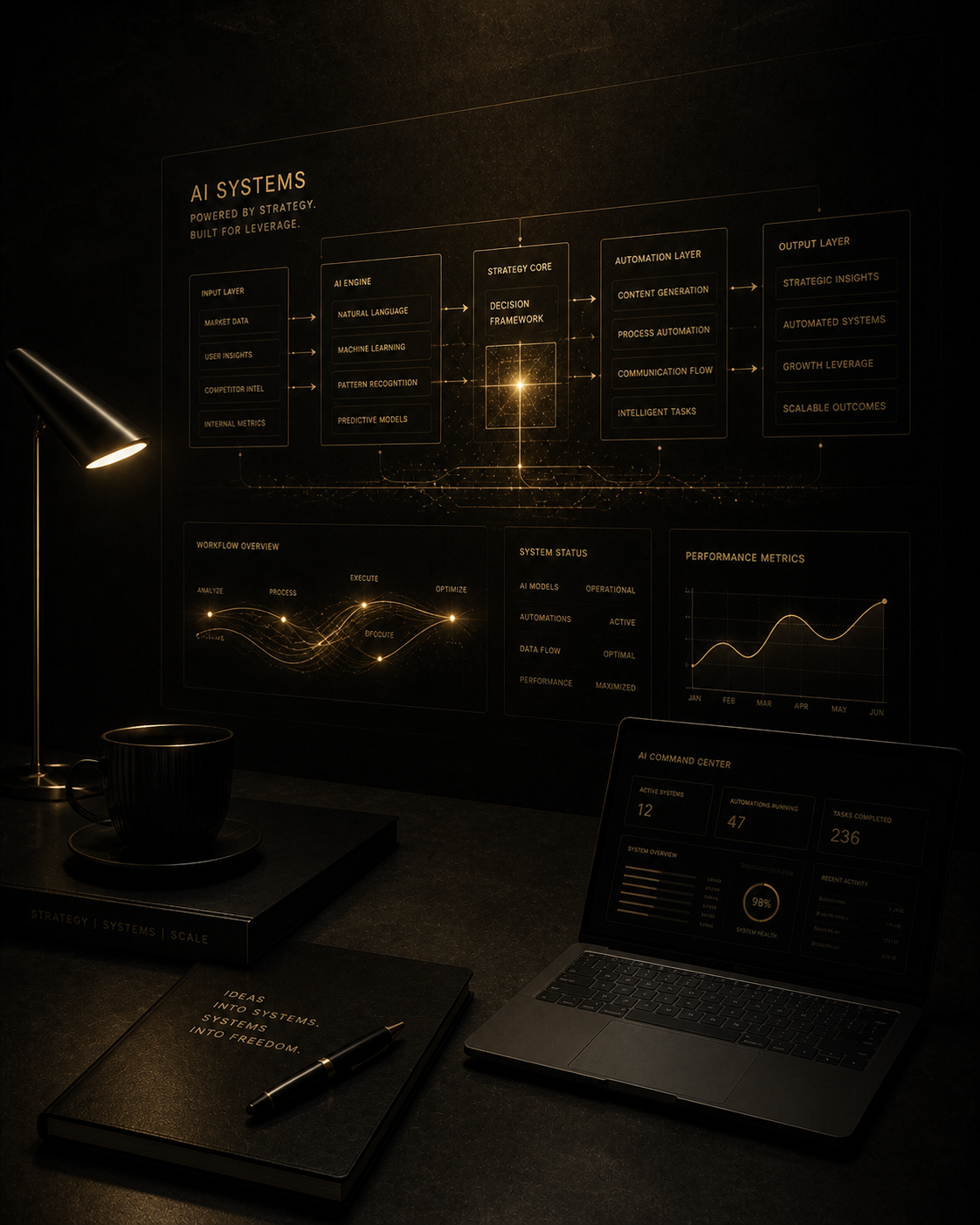 A dark workspace with a desk lamp, a coffee mug on a book, a closed notebook with a pen, and an open laptop displaying a dashboard. Behind the desk, a wall has a large digital display with diagrams and flowcharts explaining AI systems, workflows, system status, and performance metrics.