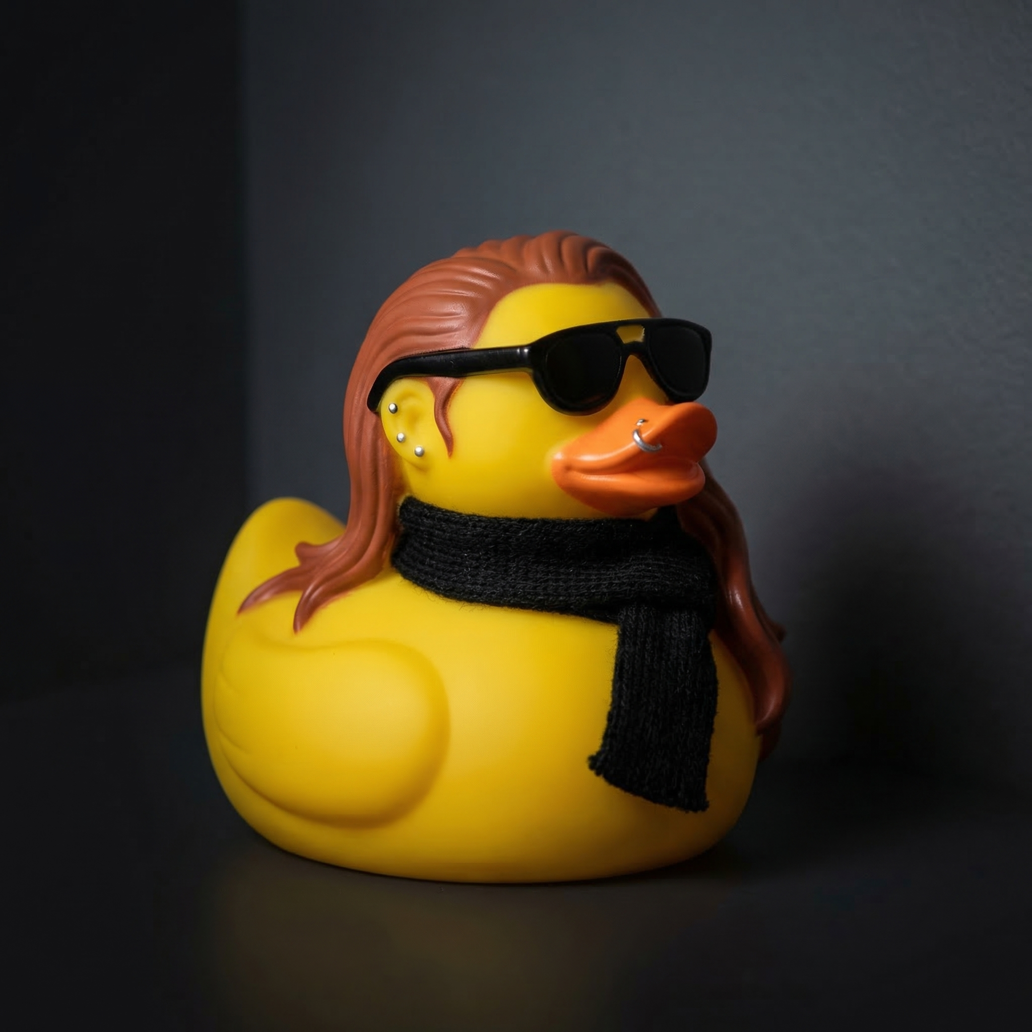 Yellow rubber duck dressed with long brown hair, black sunglasses, a black scarf, and pierced ears with multiple earrings, set against a dark background.