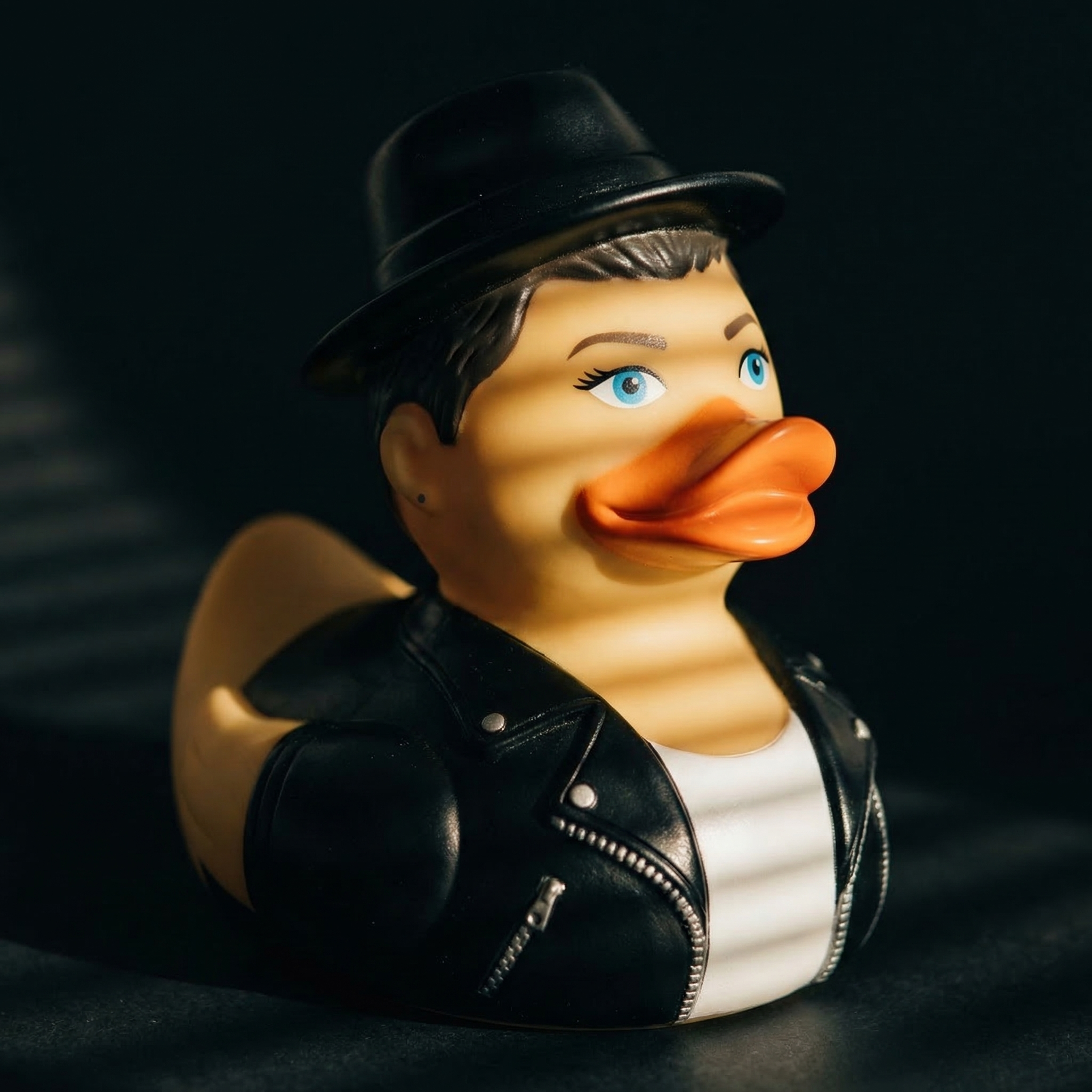 A rubber duck dressed as a woman with blue eyes, wearing a black leather jacket, white shirt, and a black hat, against a dark background.
