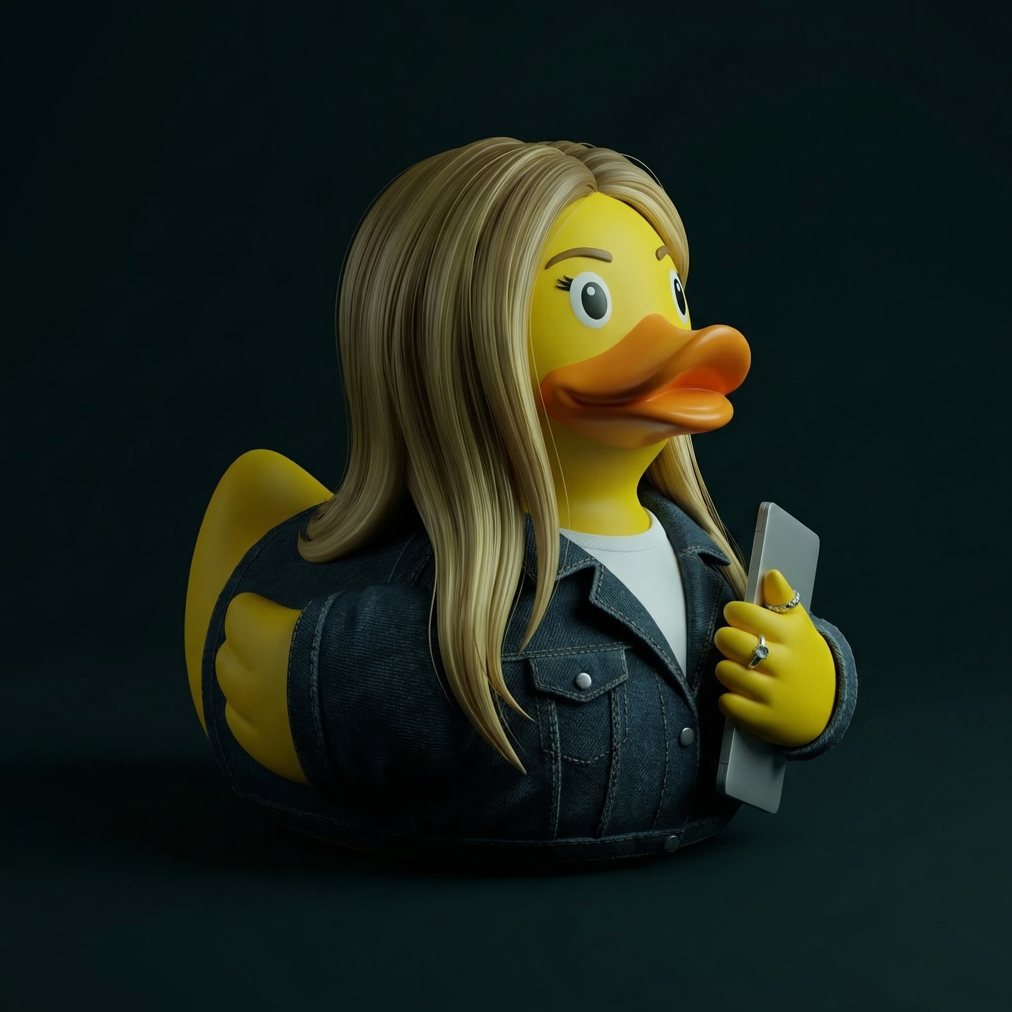 A rubber duck with human features, long blonde hair, wearing a denim jacket, holding a smartphone, against a dark background.