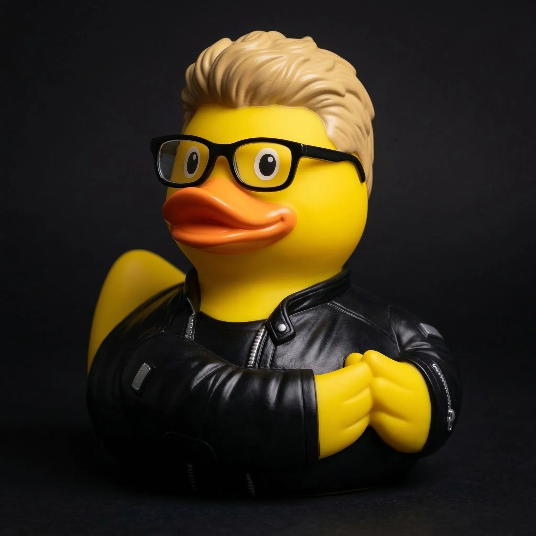 Duck figurine with glasses, styled hair, wearing a black leather jacket, posed with clasped hands against a black background.