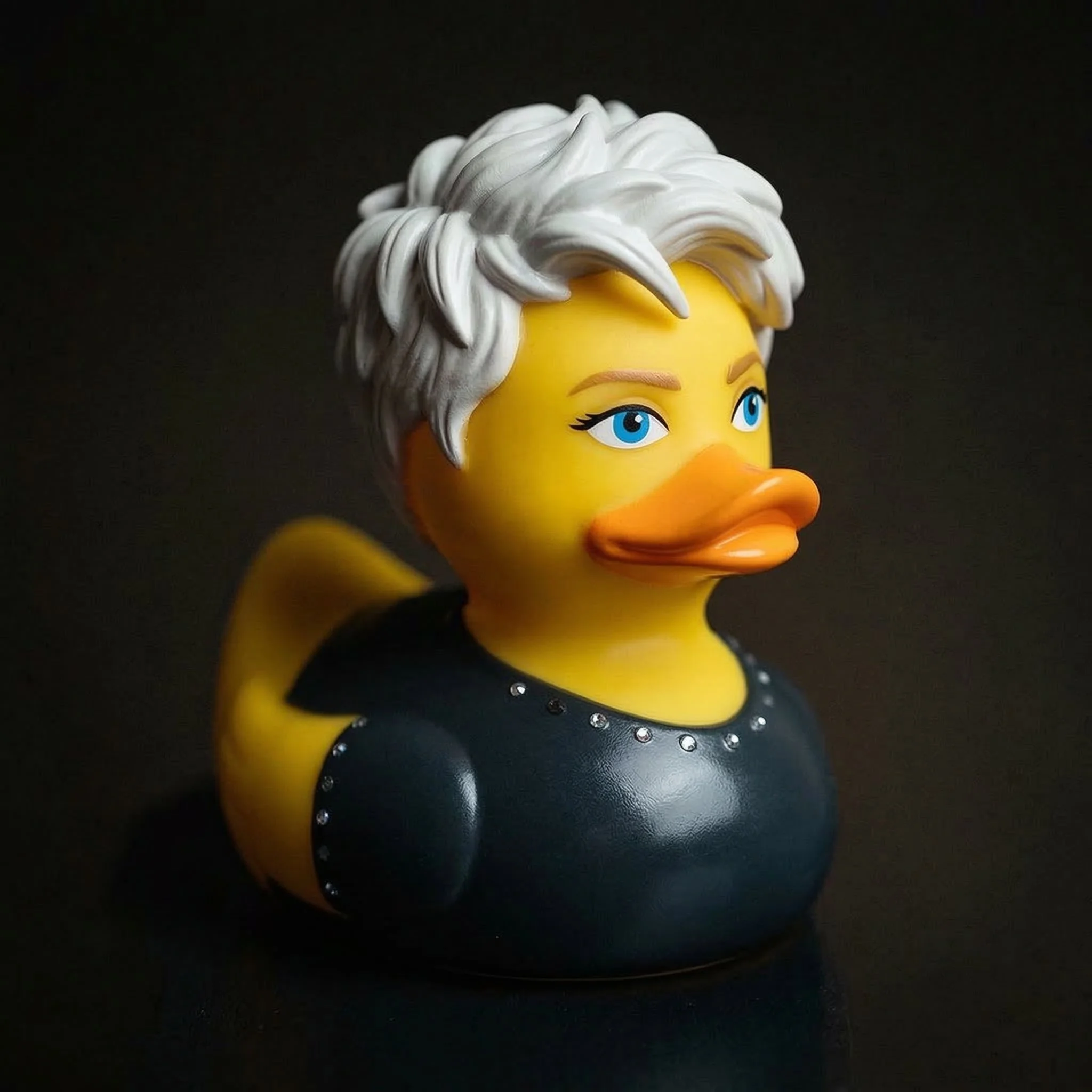 A rubber duck with silver hair, blue eyes, and a black top with silver accents.