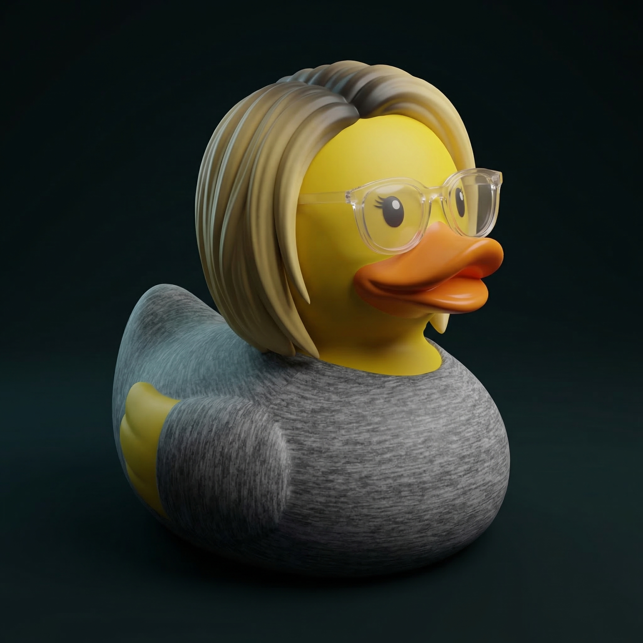 A rubber duck with glasses, brown hair, and a gray shirt, sitting on a dark background.