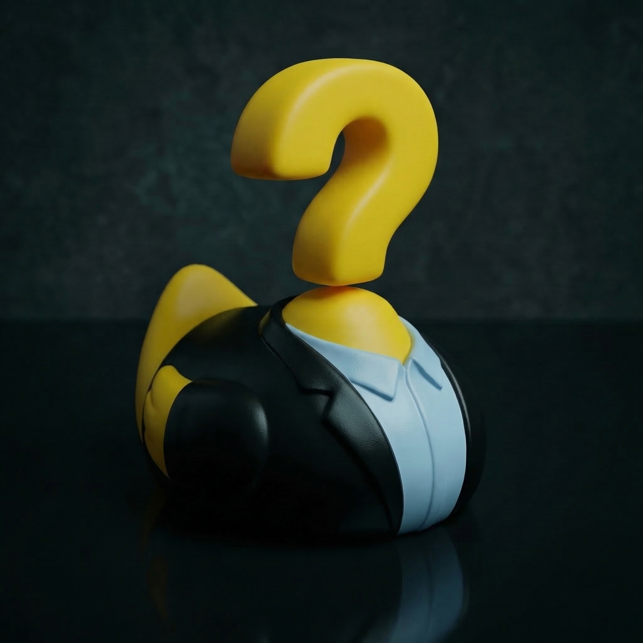 Sculpture of a duck in a business suit with a large yellow question mark for a head.