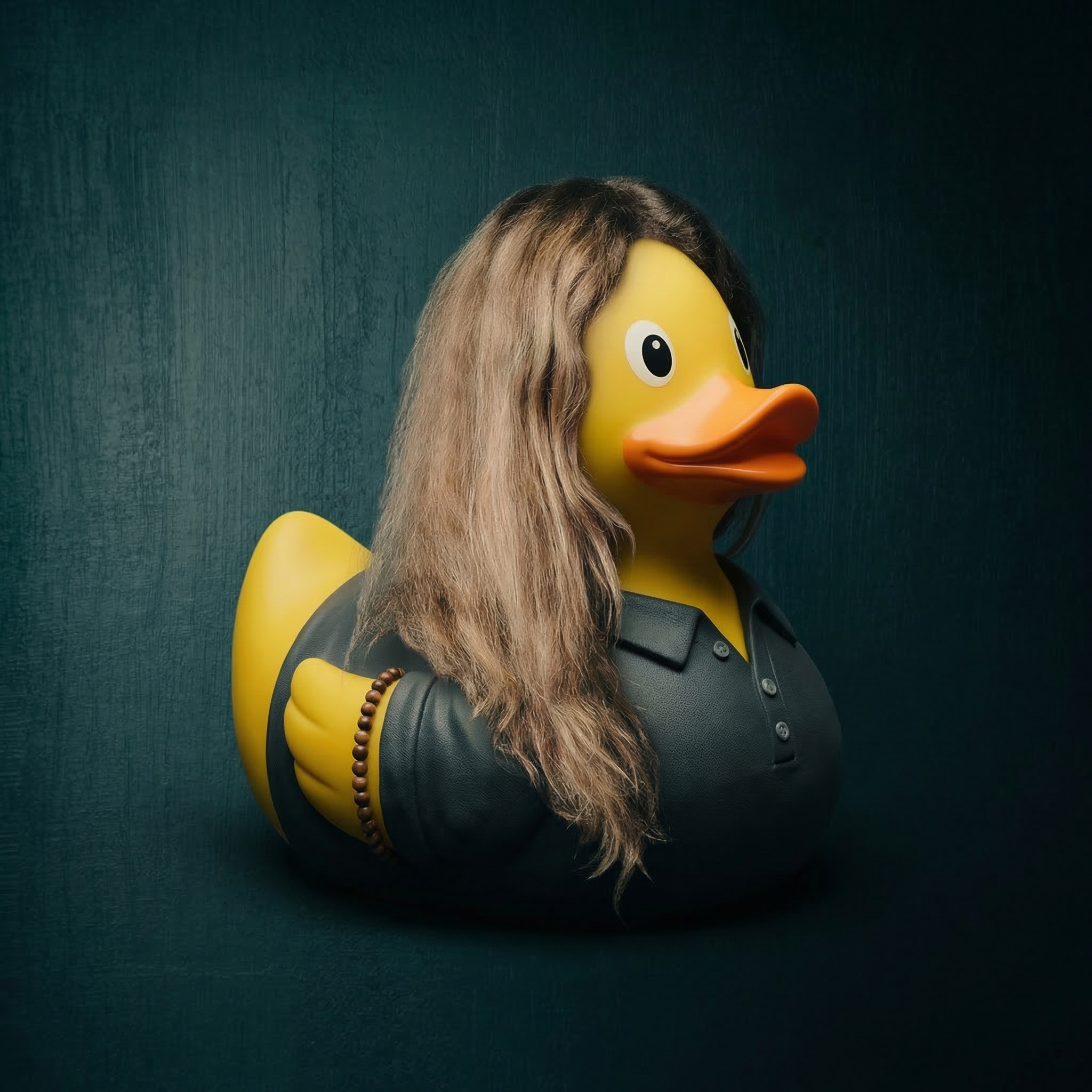 A rubber duck with long, wavy hair wearing a leather jacket and a beaded bracelet.