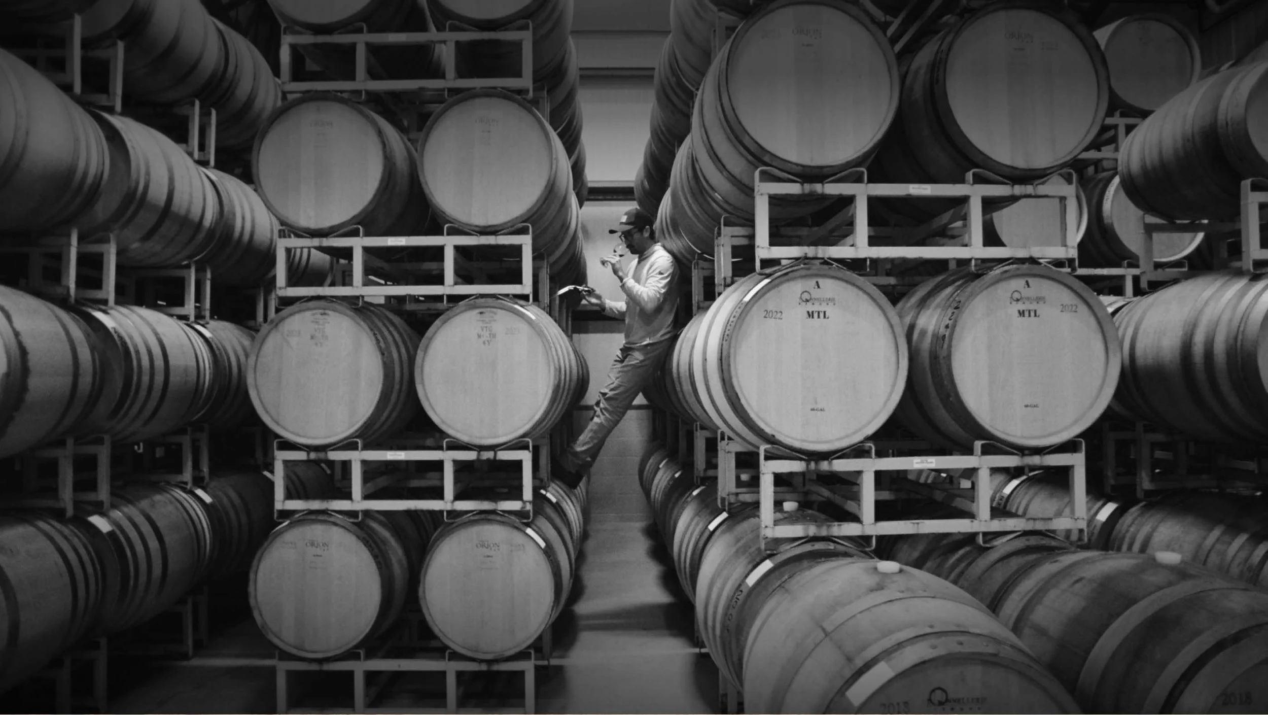 A man standing on a stack of wine barrels in a large wine cellar, using his phone.