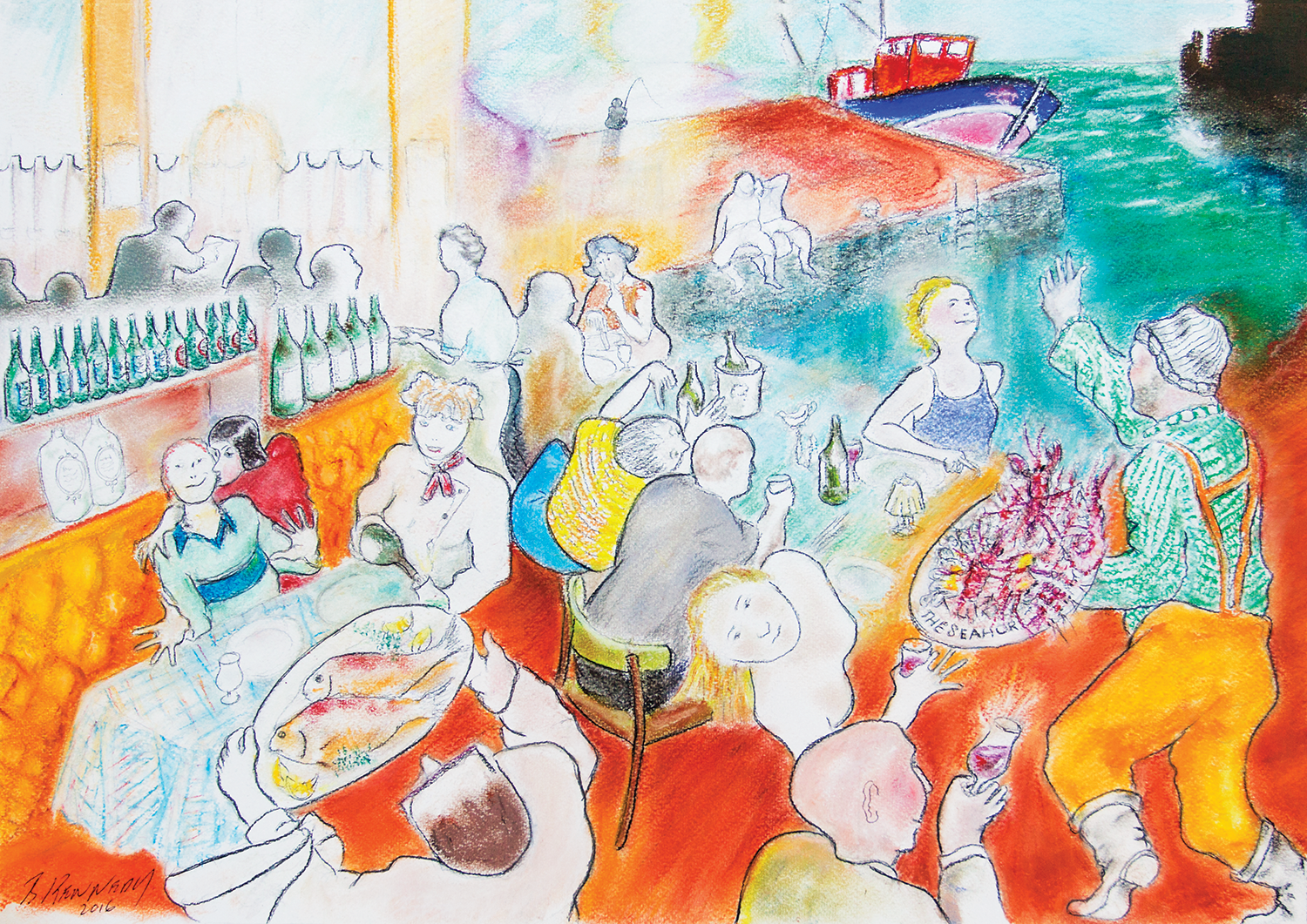 A colorful watercolor painting of a lively seaside gathering with people sitting at a bar, enjoying drinks, talking, and being near the water with a boat in the background.