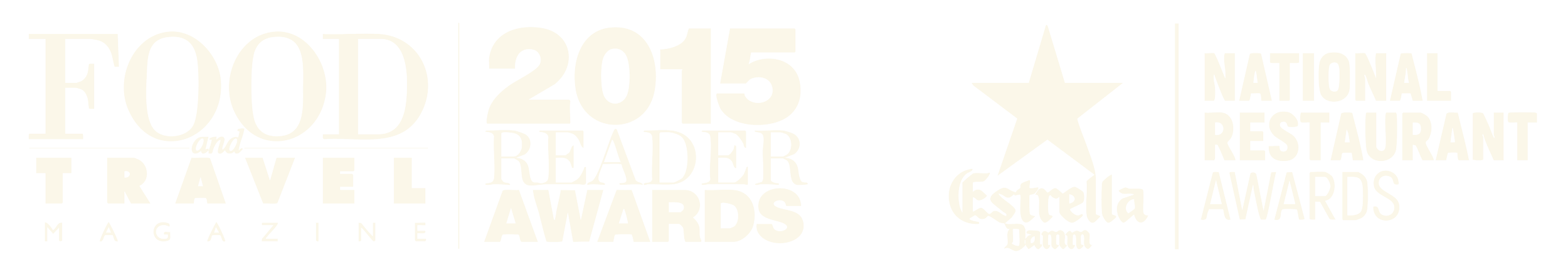 Logos and text celebrating the 2015 Food and Travel Magazine Reader Awards at the National Restaurant Awards, featuring a star and the Estrella Damm beer logo.