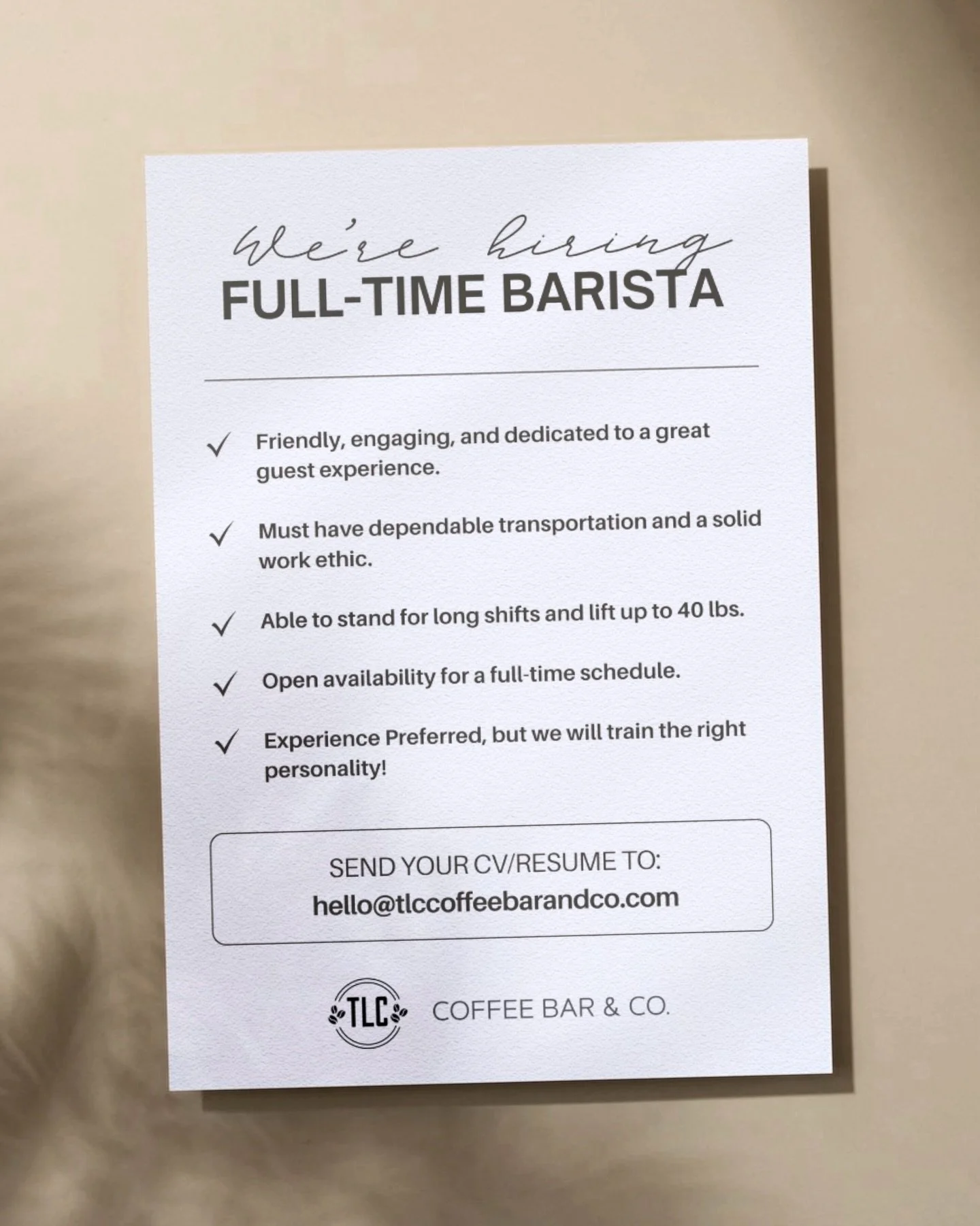Looking for a new grind?&nbsp;☕️&nbsp;We&rsquo;re hiring a&nbsp;Full-Time Barista!
If you&rsquo;re high-energy, love people, and want to master the art of the pour, we want you on our team.

The Details:
&bull; People First:&nbsp;Friendly, engaging, 