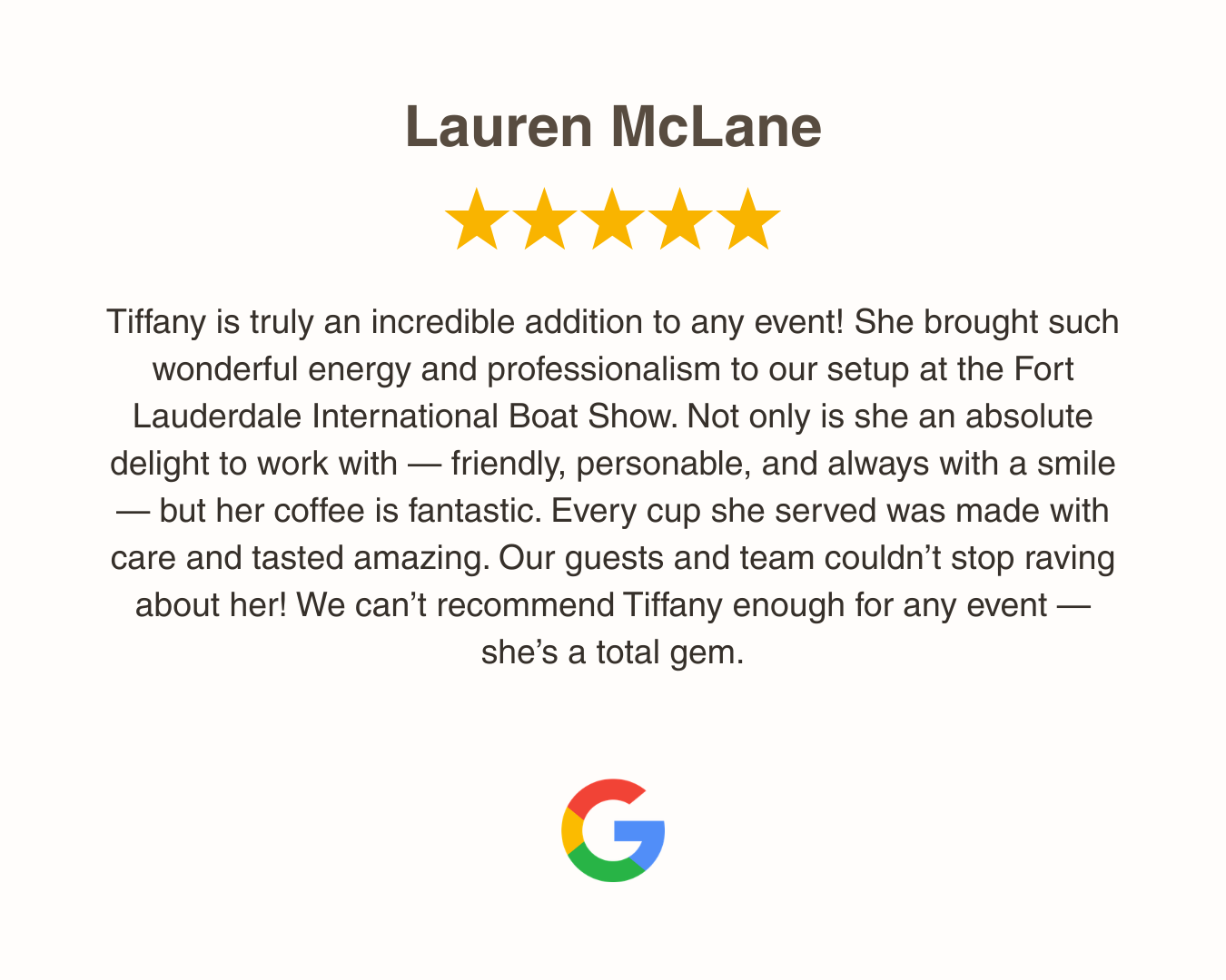 A Google review praising Tiffany at the Fort Lauderdale International Boat Show, featuring five gold stars.