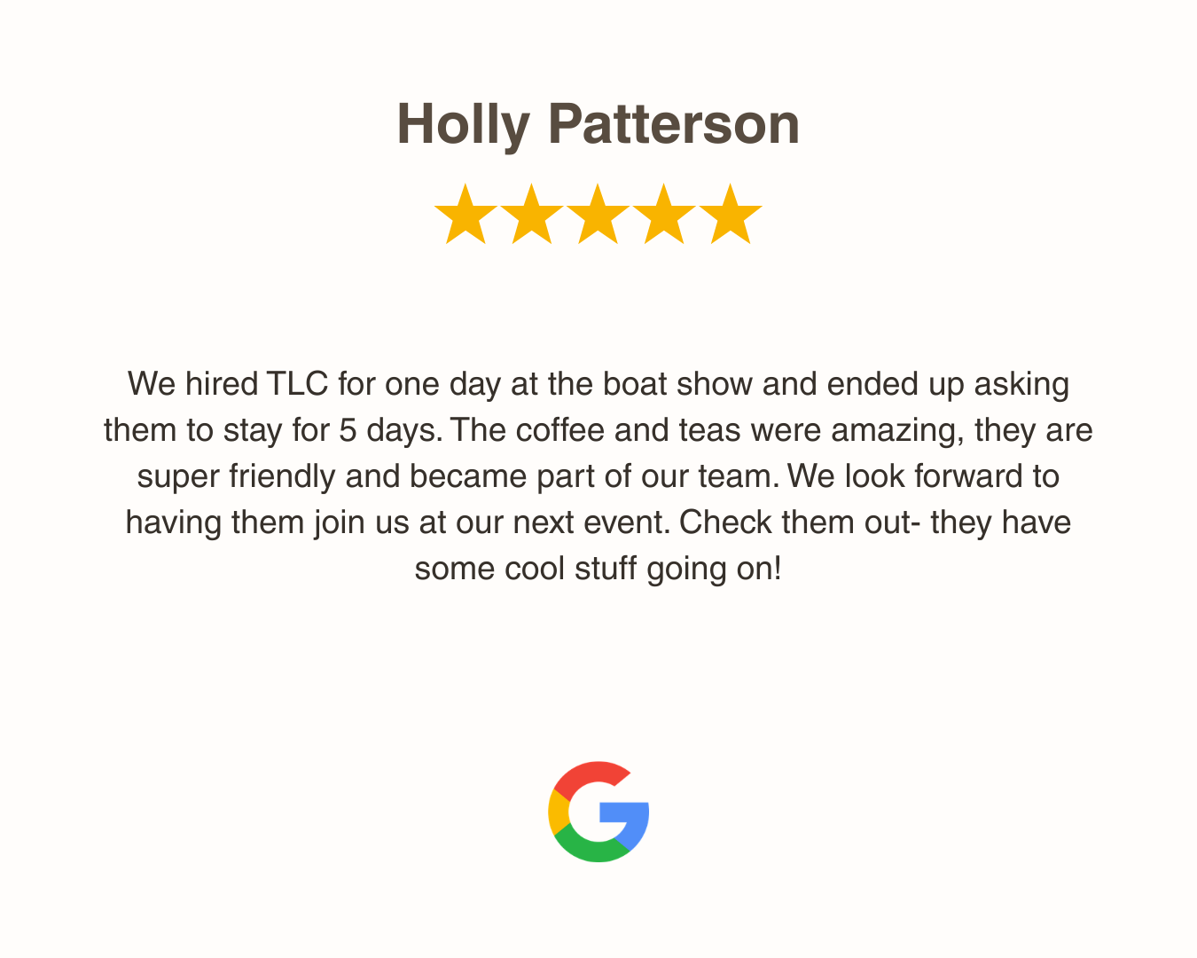 A Google review from Holly Patterson with a five-star rating, praising TLC Coffee Bar & Co's friendly service and coffee.