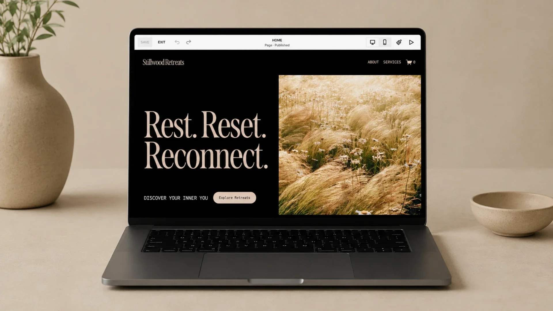 Small-business website being edited in Squarespace on a laptop.