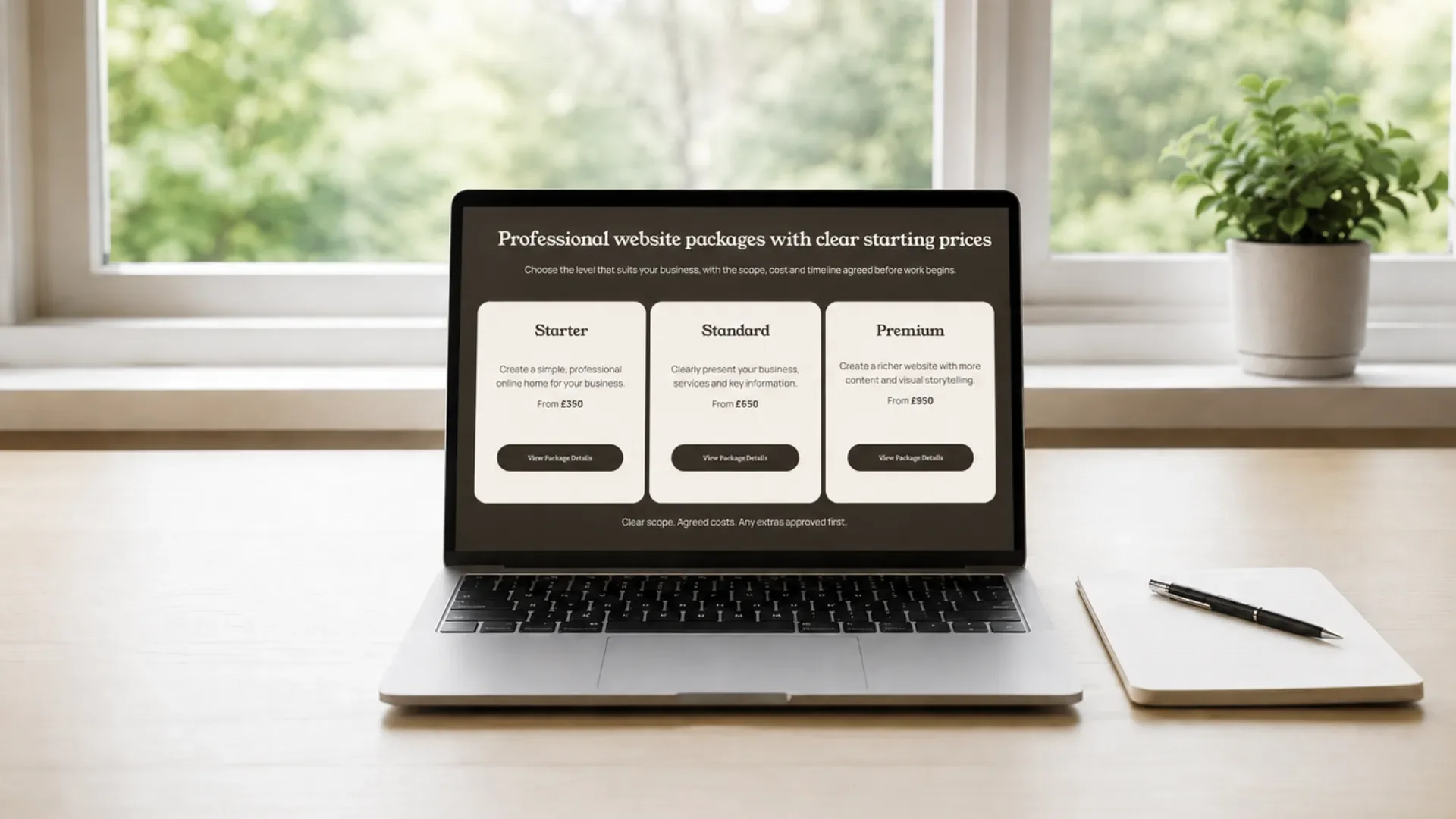 Laptop showing website design packages with starting prices for planning Squarespace website costs.