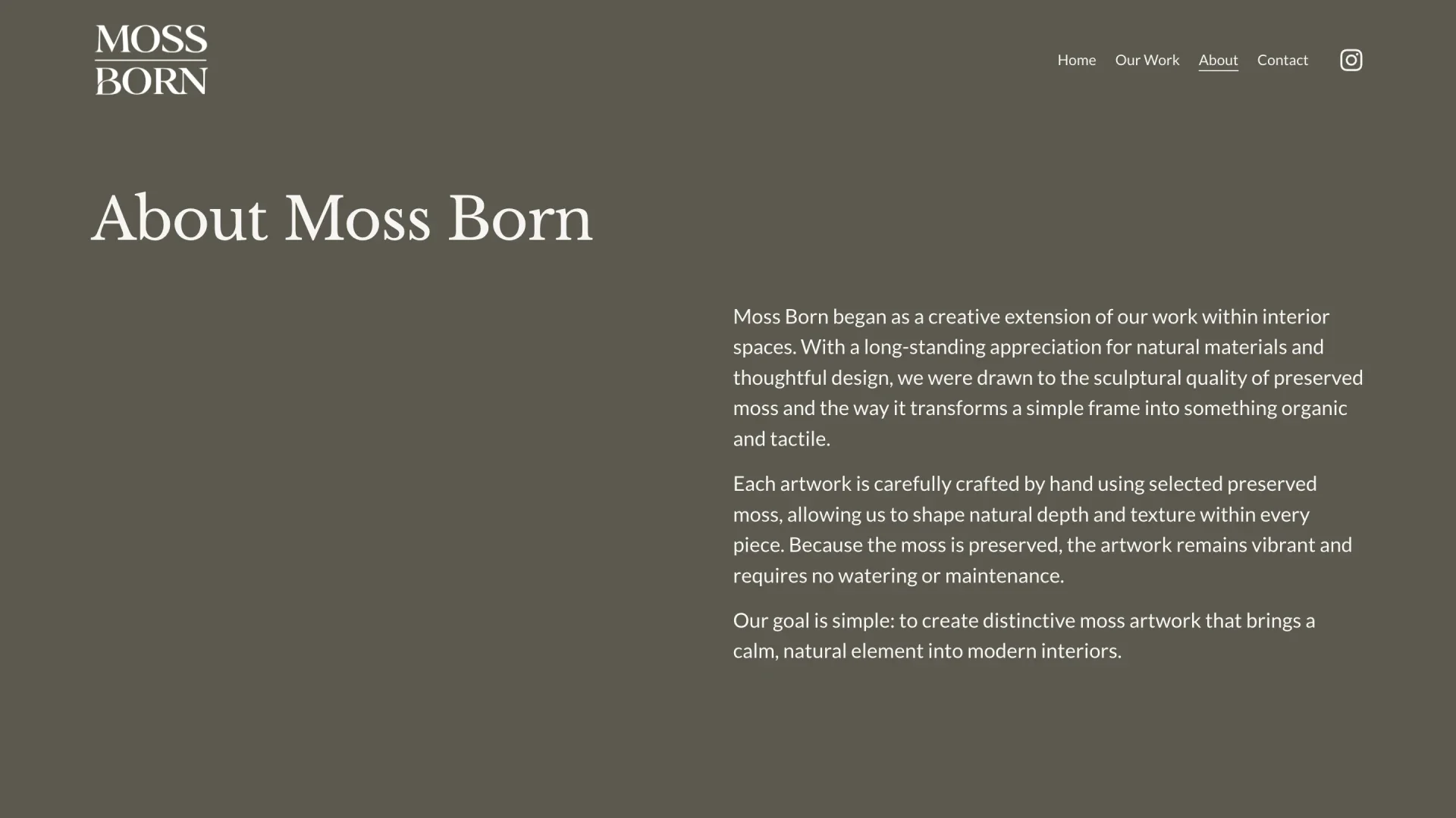 Moss Born preserved moss art about page design by Roamwild Studio