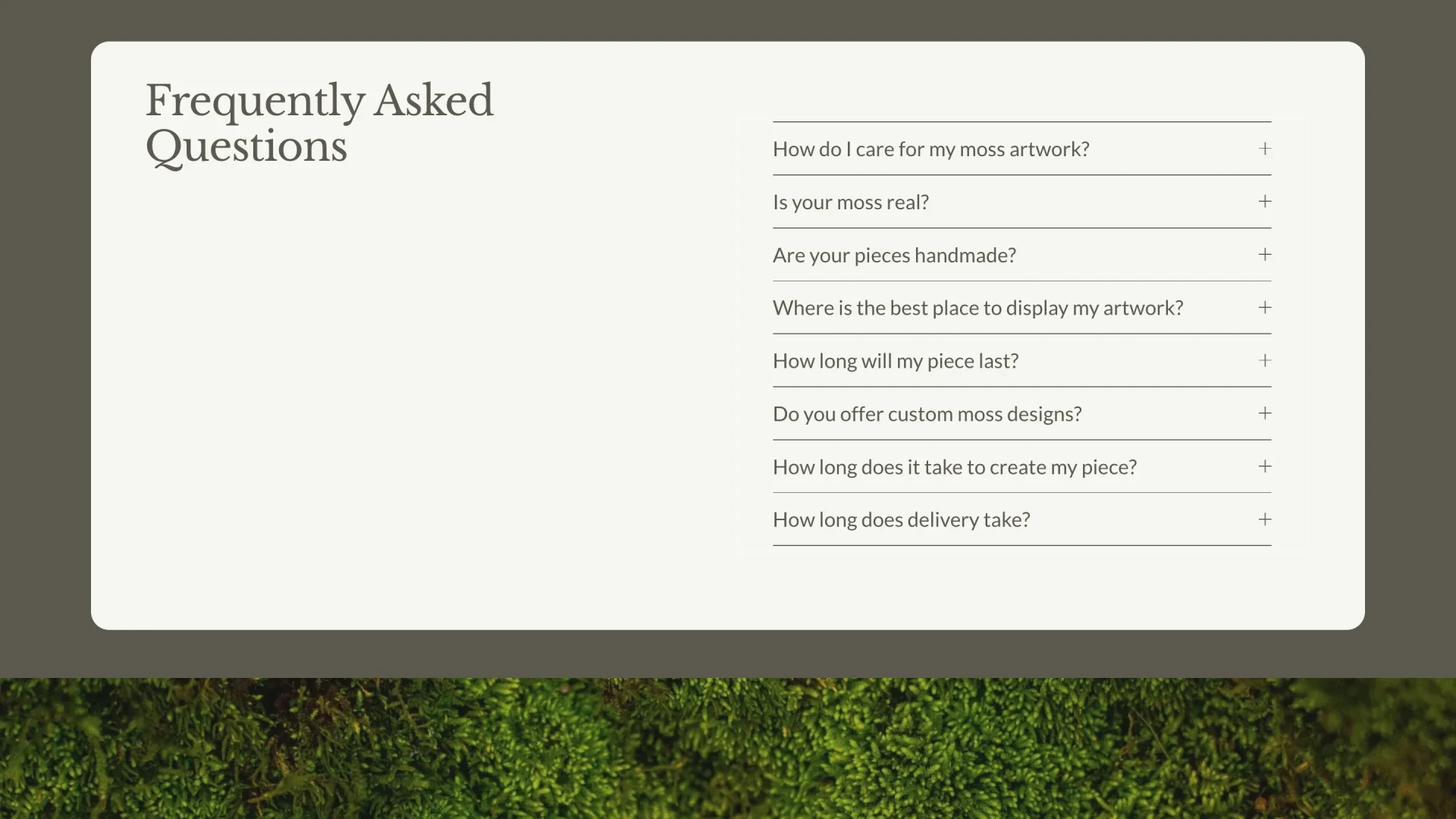 Moss Born preserved moss art about page design by Roamwild Studio