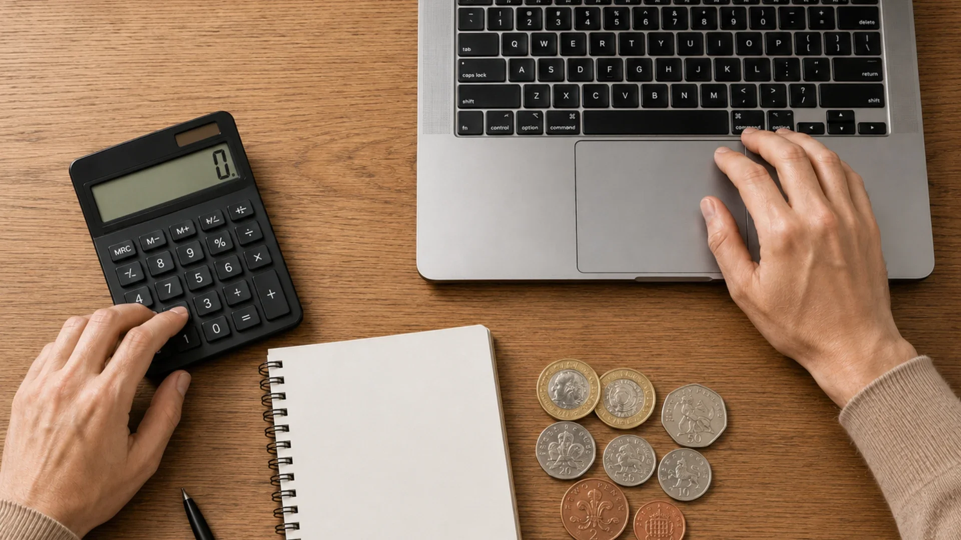 Laptop, calculator, notebook and British coins used to plan Squarespace website costs.