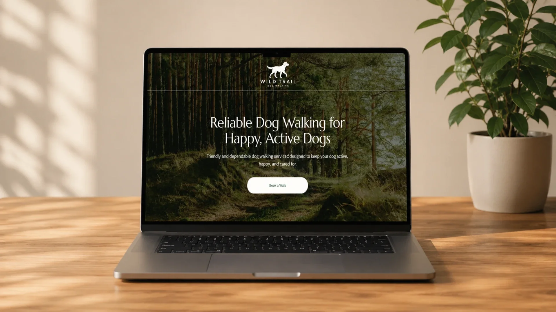 Dog walking website displayed on a laptop.