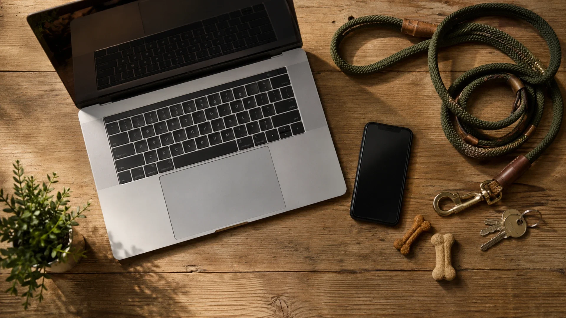 Laptop, smartphone, dog lead, keys and treats on a wooden table.