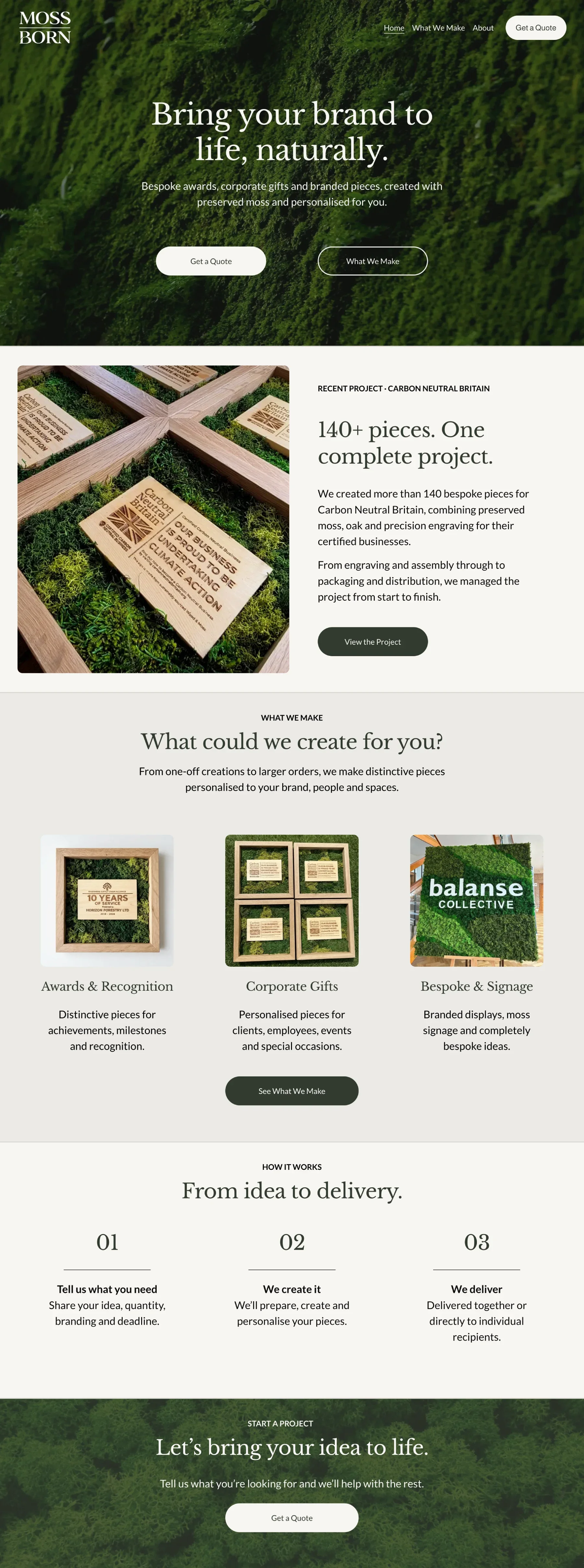 Moss Born homepage showing bespoke moss awards, corporate gifts, signage, project examples and clear quote calls to action.