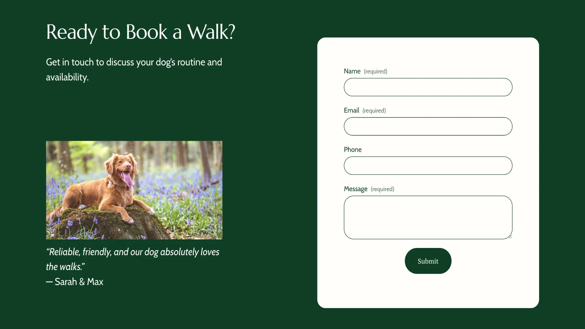 Happy Trail dog walking contact page design by Roamwild Studio