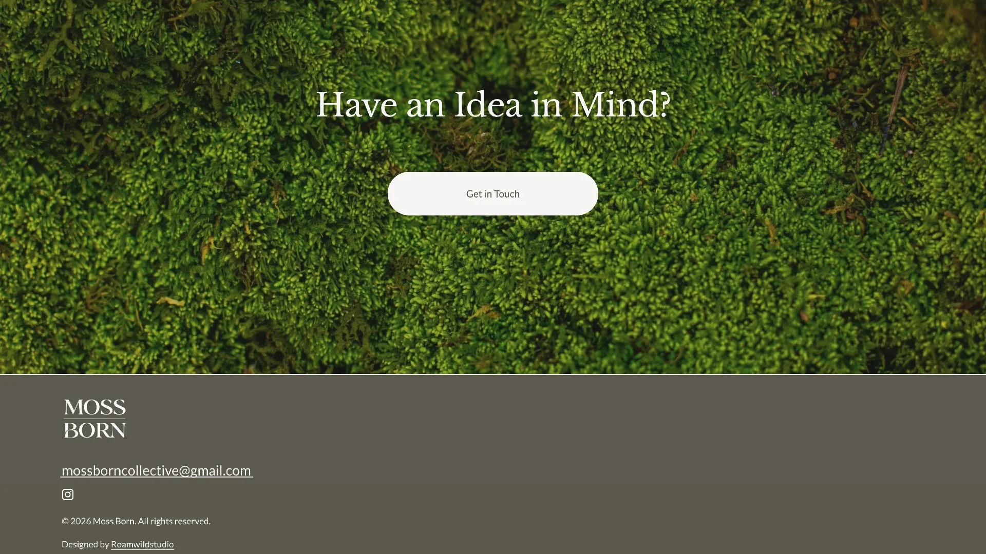Moss Born preserved moss art about page design by Roamwild Studio