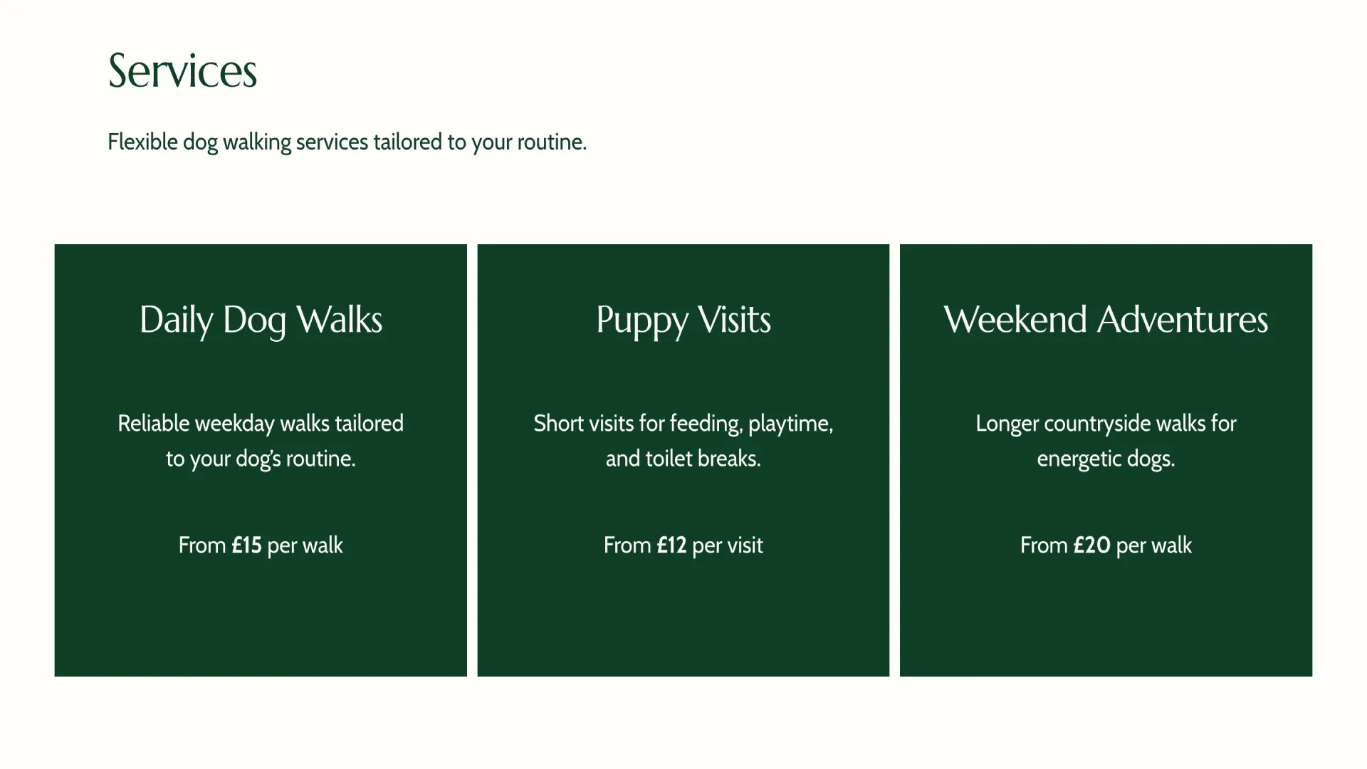 Wild Trail dog walking services page website design by Roamwild Studio