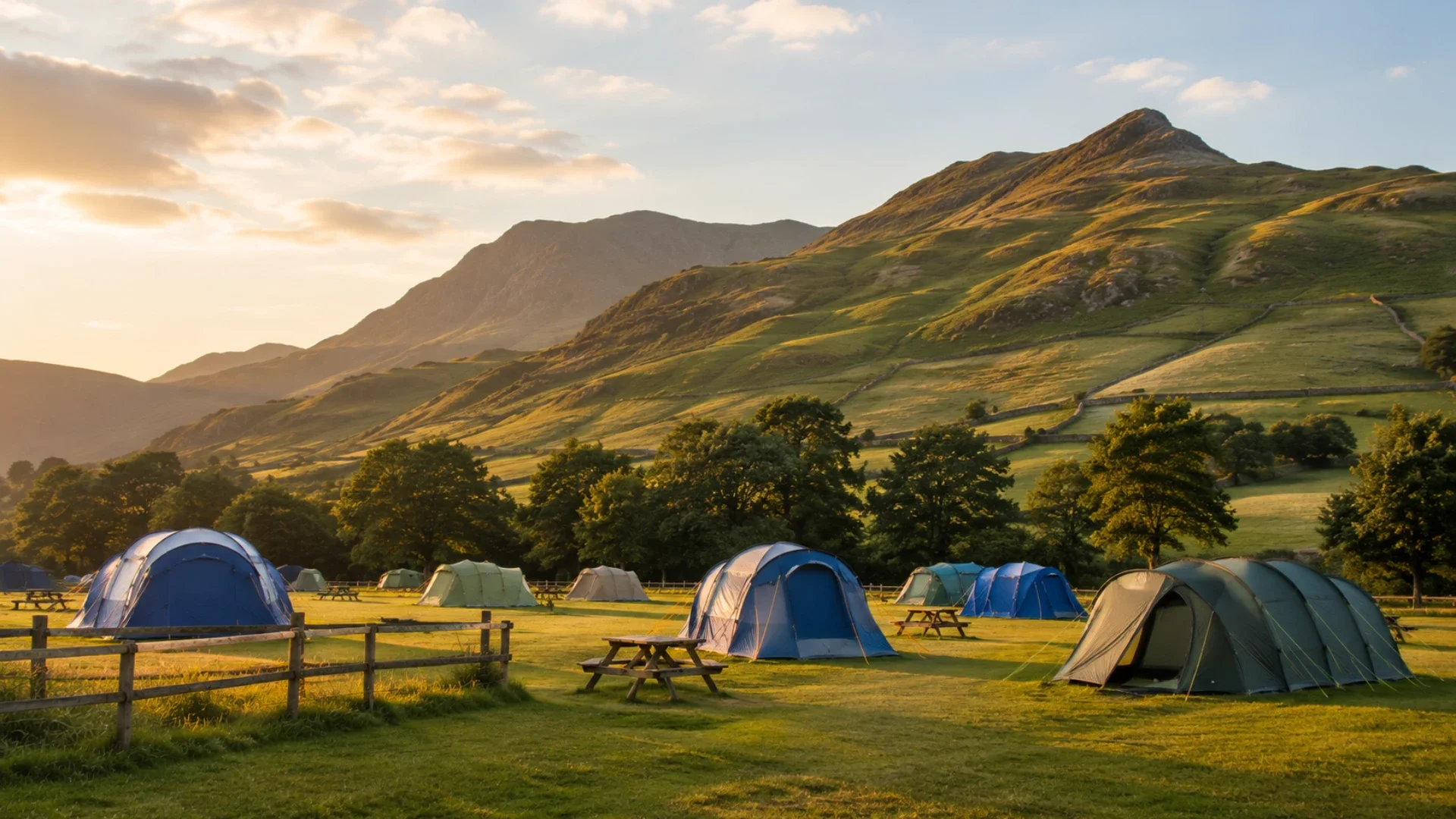 Tents pitched at a countryside campsite surrounded by mountains.