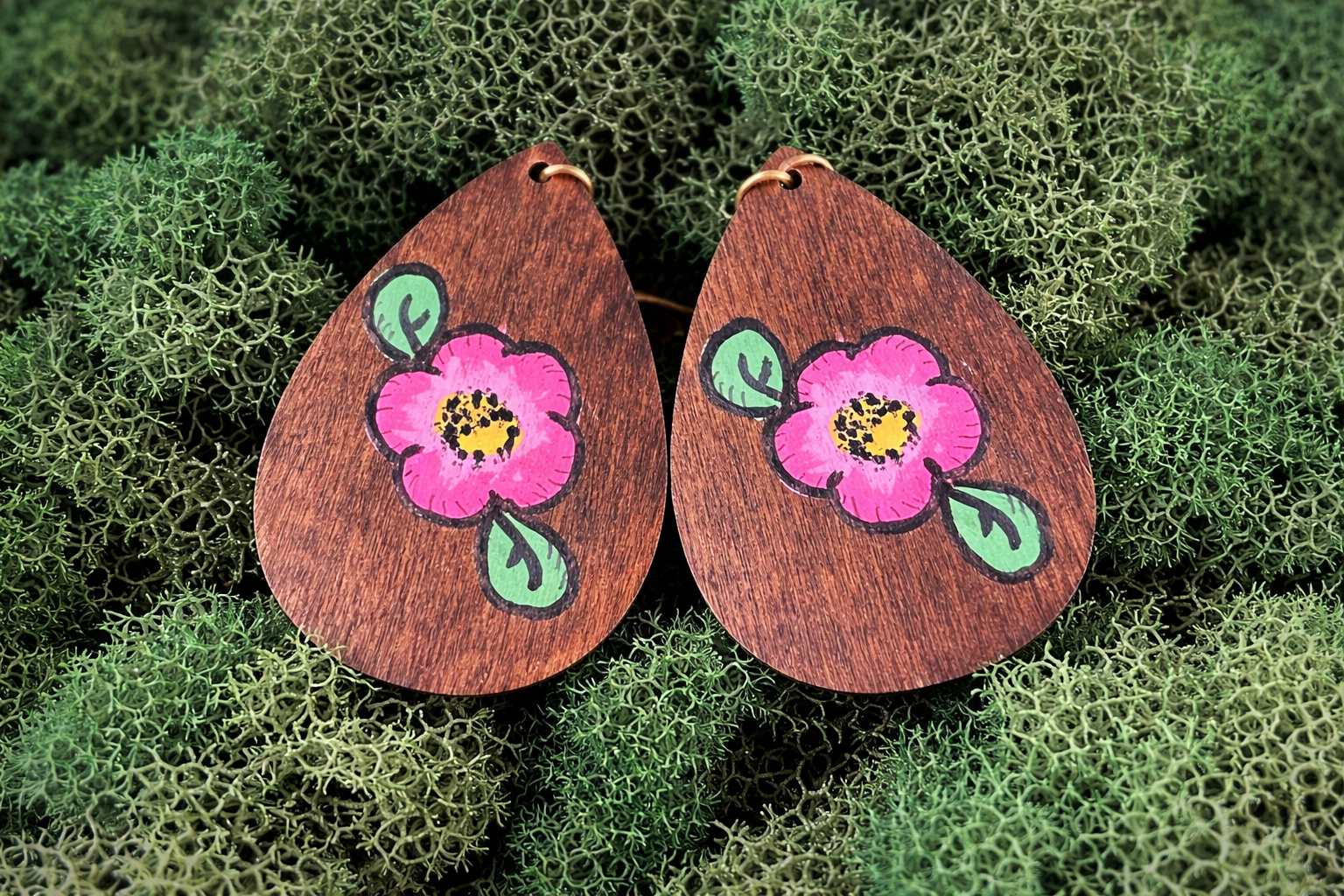 Pink Posey Handpainted Wood Pendant Earrings