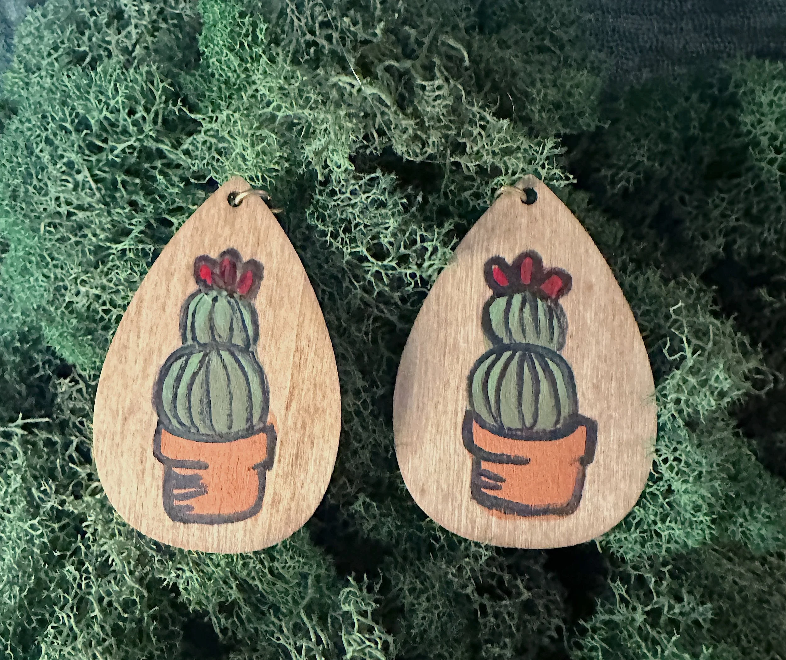 Cacti Handpainted Wood Pendant Earrings