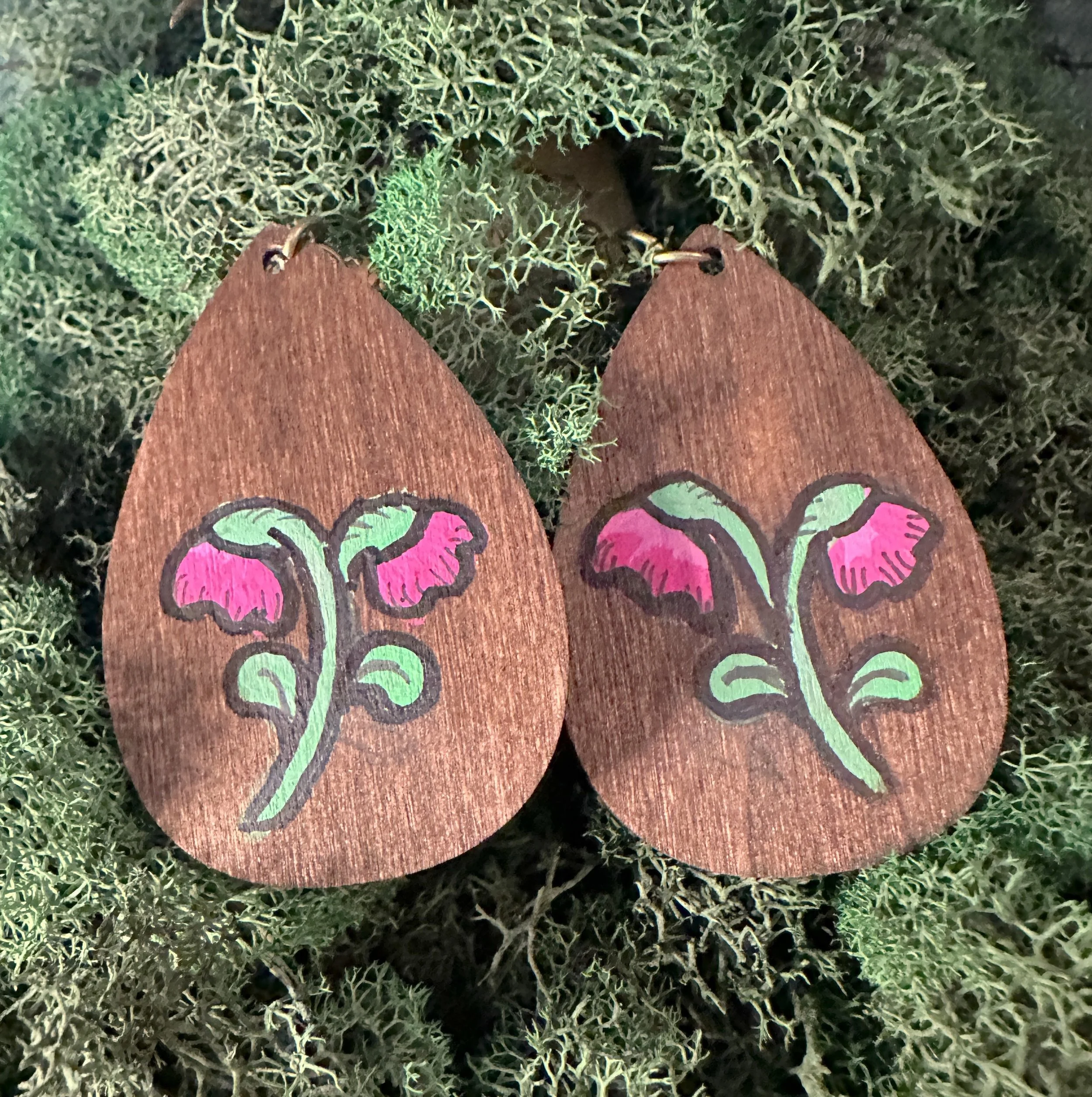 Pink Lantern Handpainted Wood Pendant Earrings