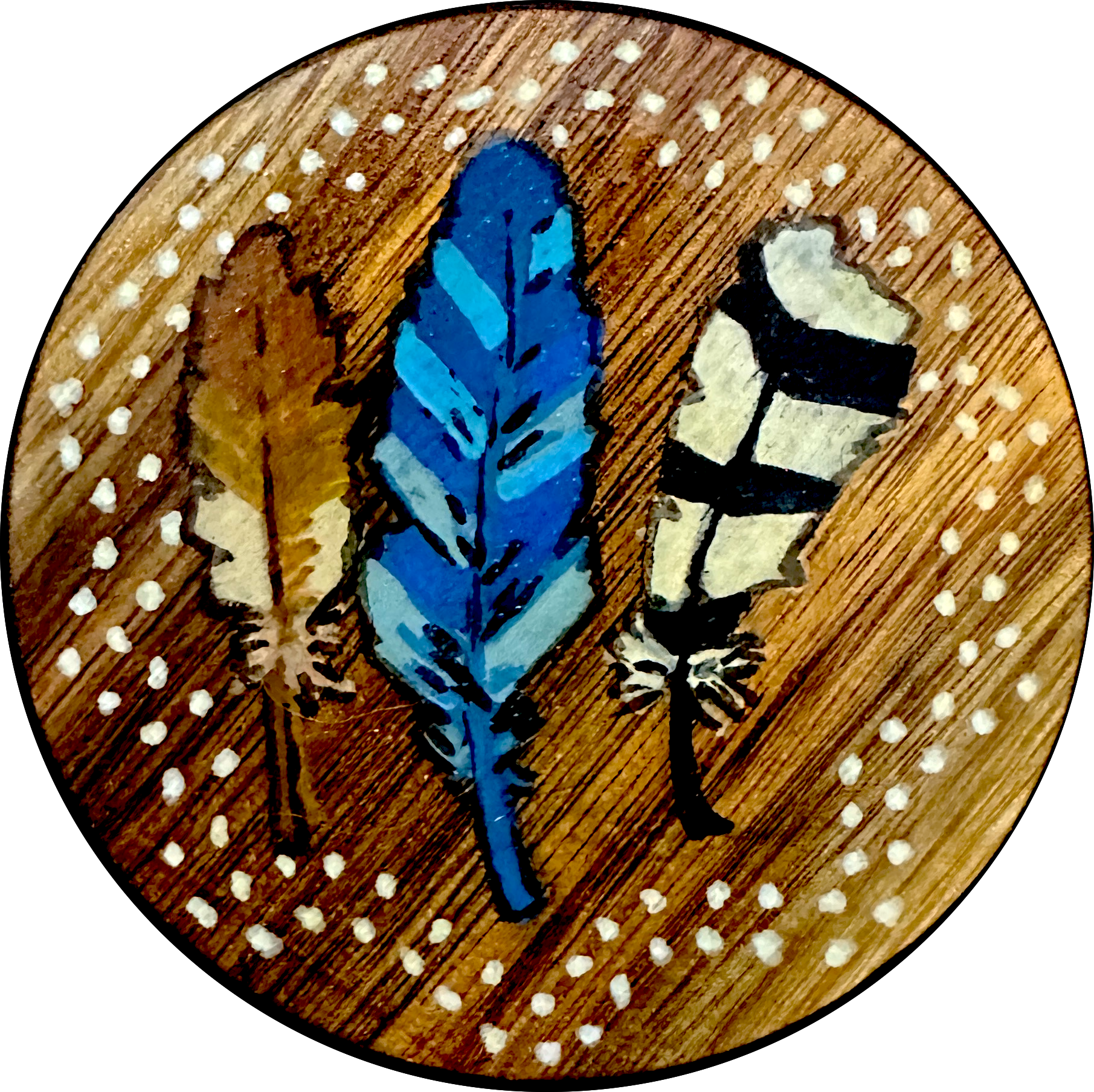 A hand-painted wood coaster featuring a trio of nature-inspired feathers in warm amber, blue, and cream tones.
From the Forest Floor series — earthy, woodland-inspired pieces for gathering spaces.