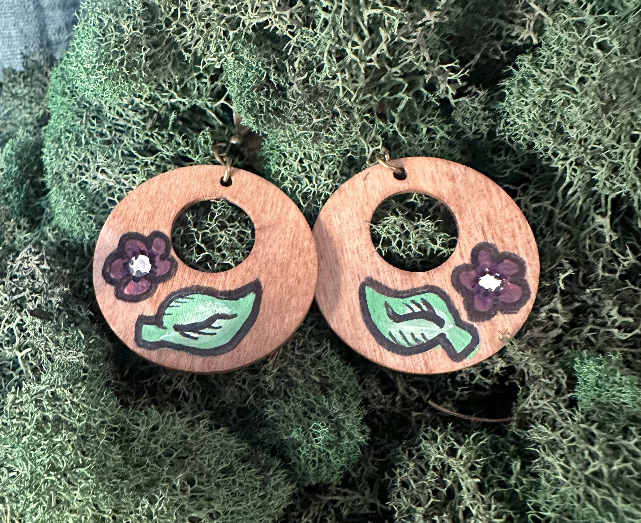 Purple Posey Handpainted Wood Pendant Earrings