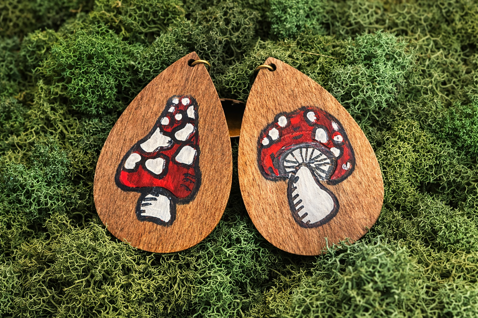 Mushroom Handpainted Wood Pendant Earrings