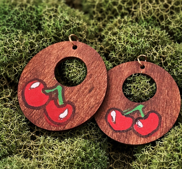 Cherry Handpainted Wood Pendant Earrings