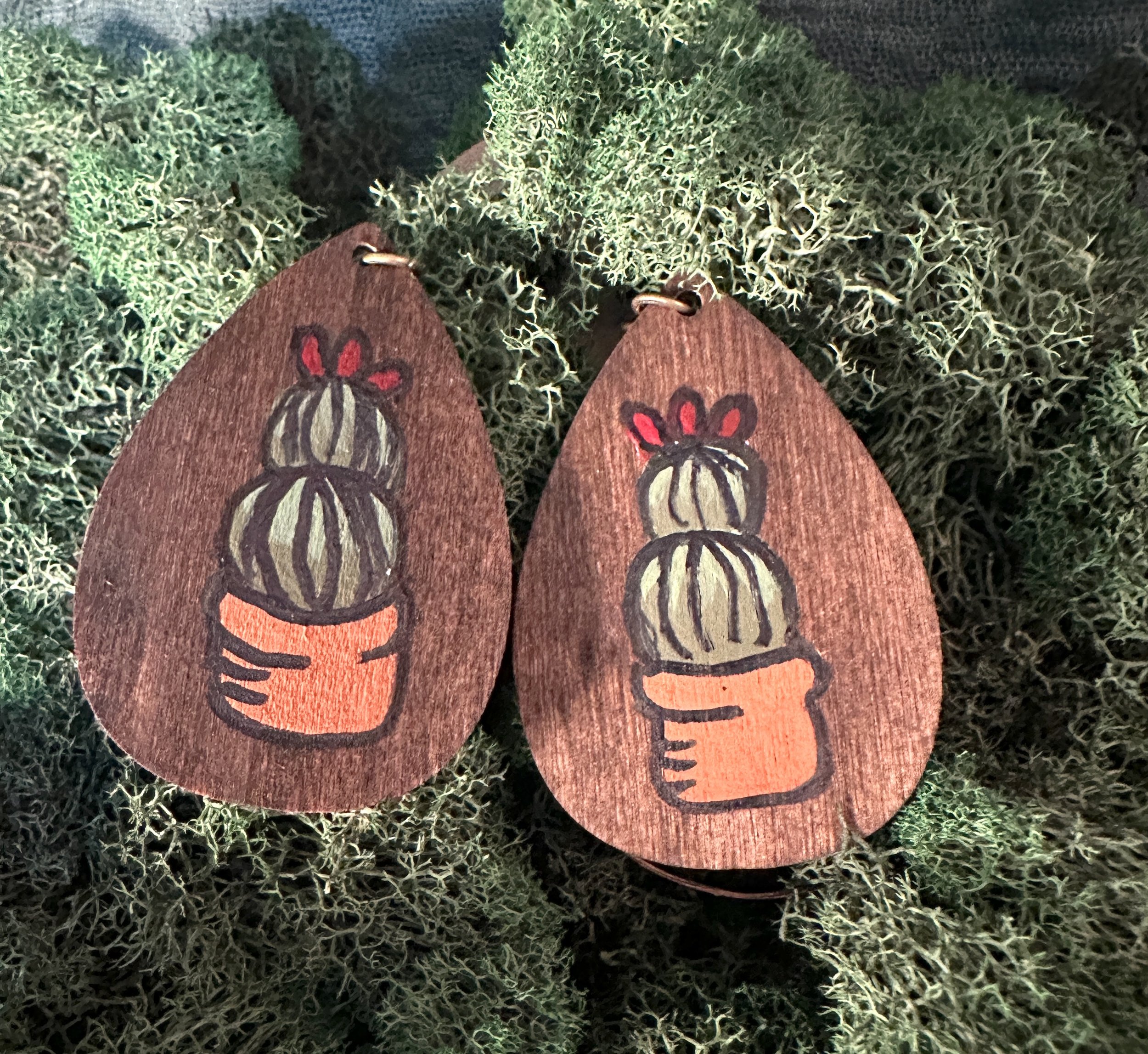 Succulent Handpainted Wood Pendant Earrings