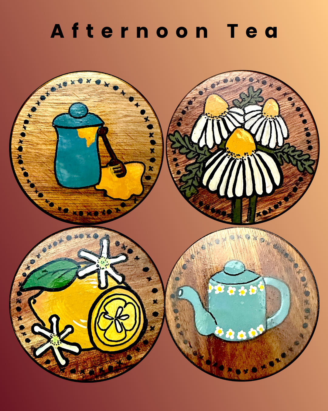 Gathering Wood Coasters (set of 4) "Afternoon Tea"