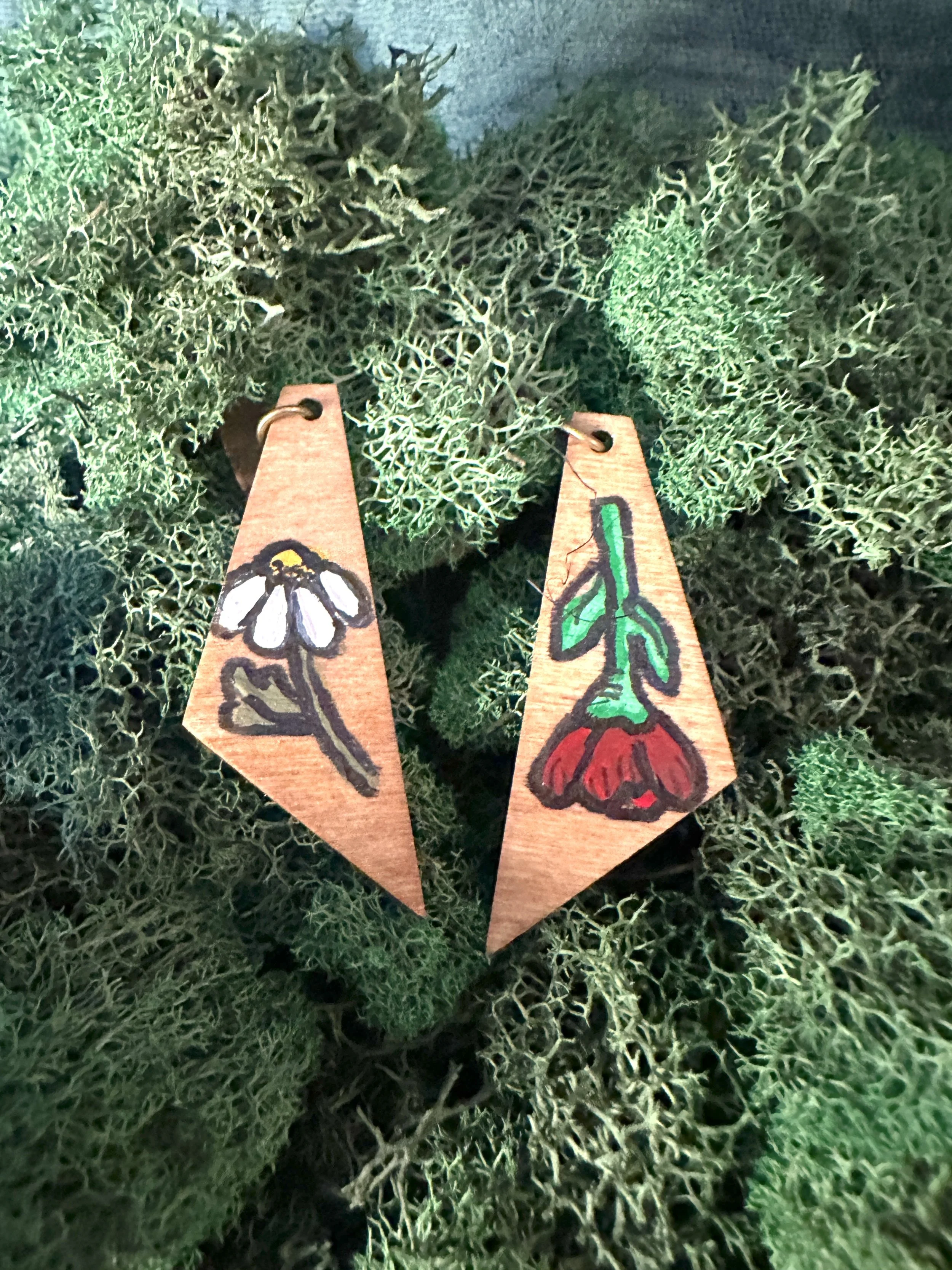 Hanging Flowers Handpainted Wood Pendant Earrings