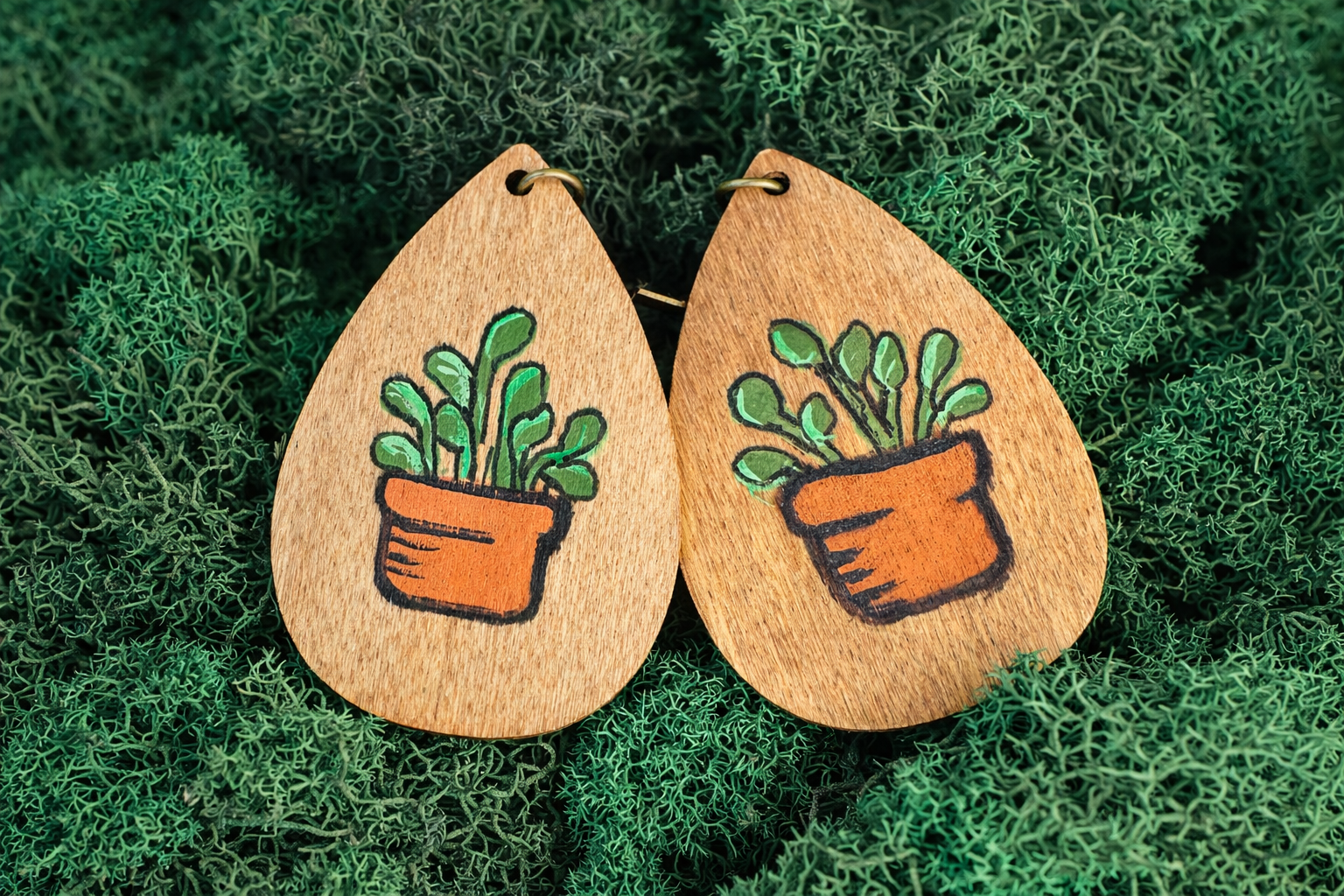 Potted Plant Handpainted Wood Pendant Earrings