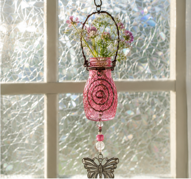 A hanging glass bud vase in soft blush pink, wrapped in wire detailing with a beaded drop and butterfly charm finish.
Part of the Blush Garden line — soft floral tones designed to catch light and bring a garden feel indoors.