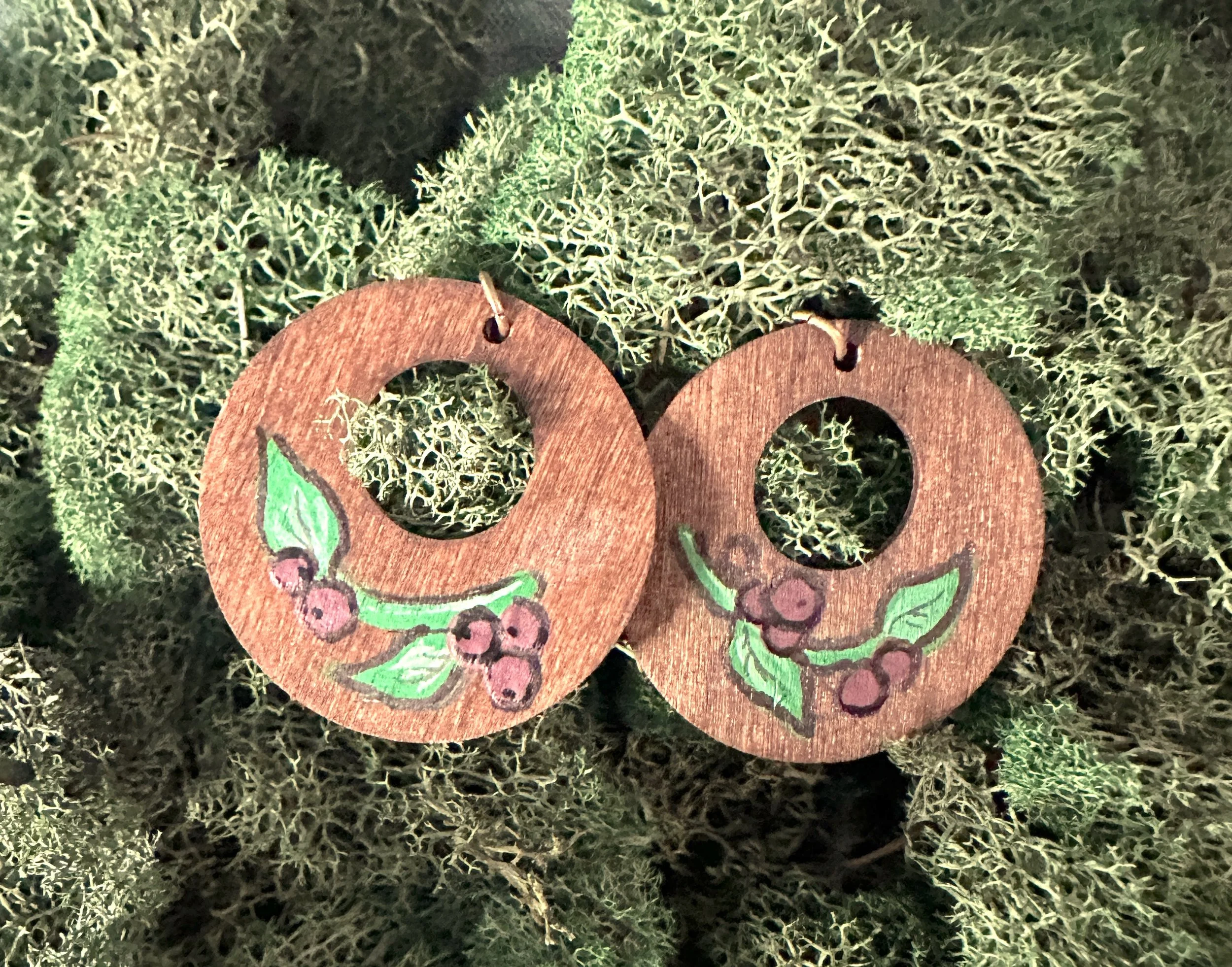 Purple Botanical Handpainted Wood Pendant Earrings
